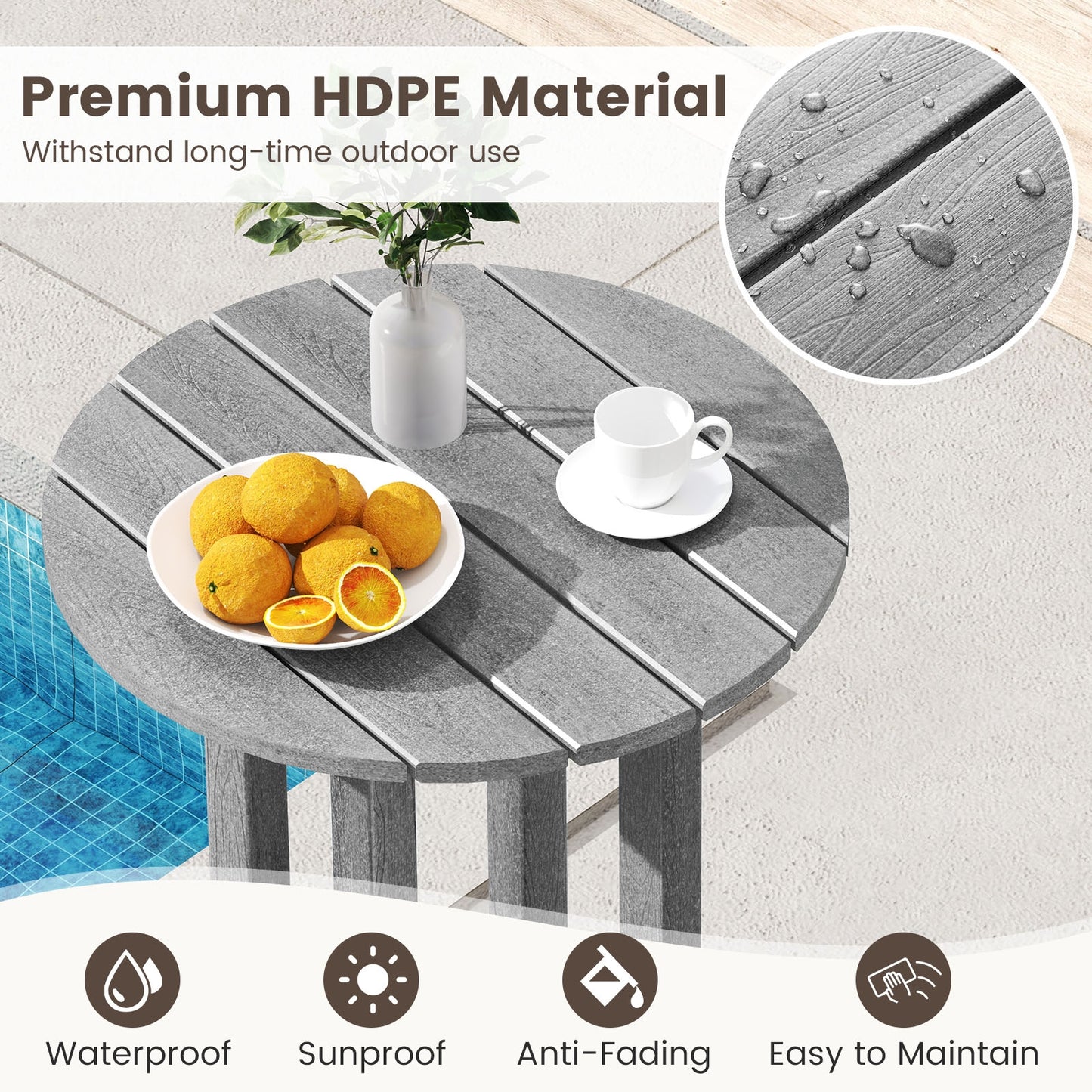 21.5 Inch Round Bar Table Patio HDPE Bar Height Dining Table with Slatted Tabletop-Gray