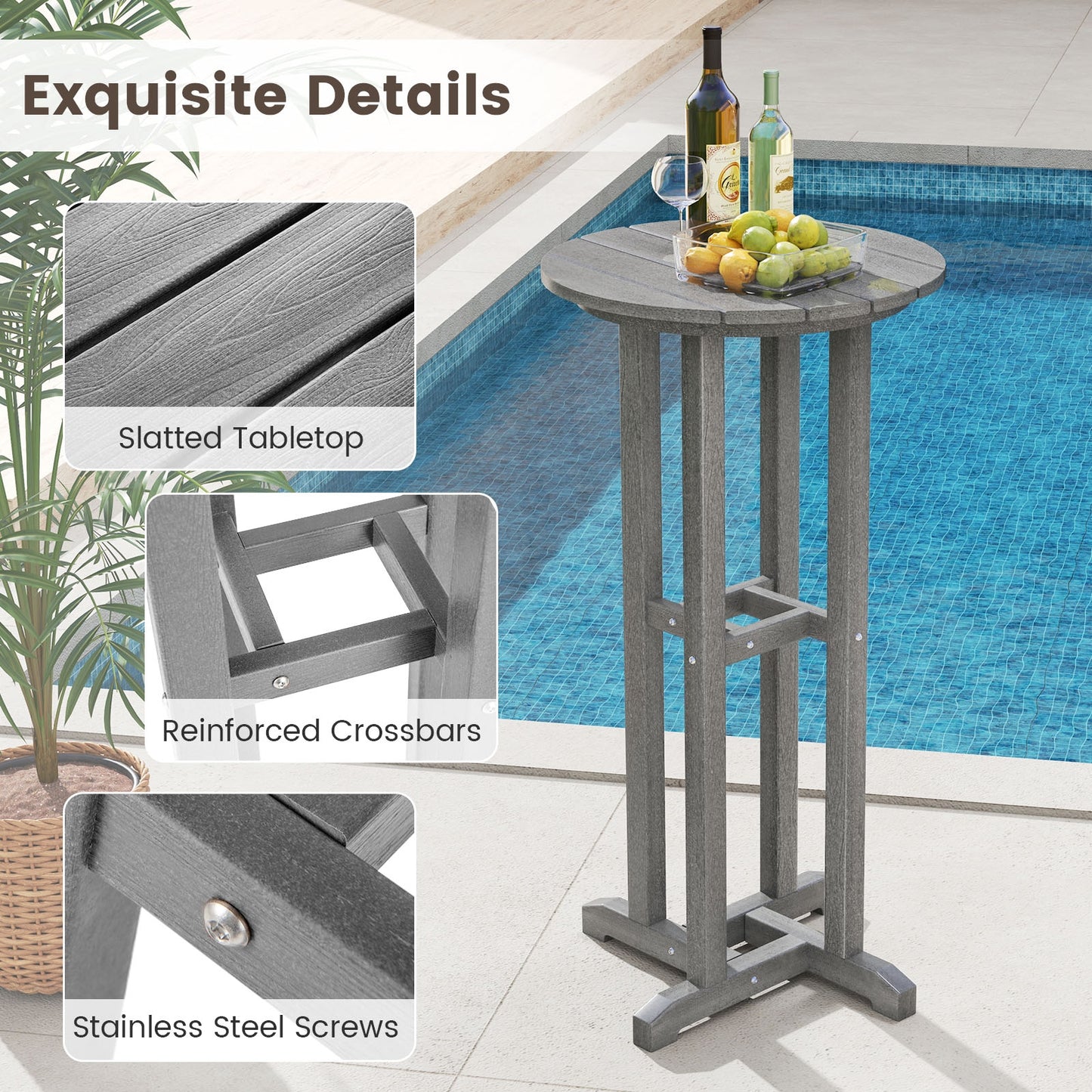 21.5 Inch Round Bar Table Patio HDPE Bar Height Dining Table with Slatted Tabletop-Gray