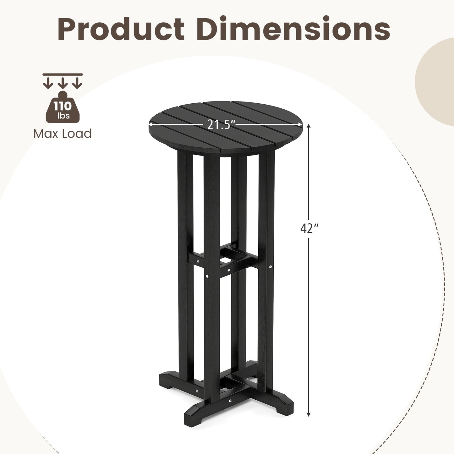 21.5 Inch Round Bar Table Patio HDPE Bar Height Dining Table with Slatted Tabletop-Black