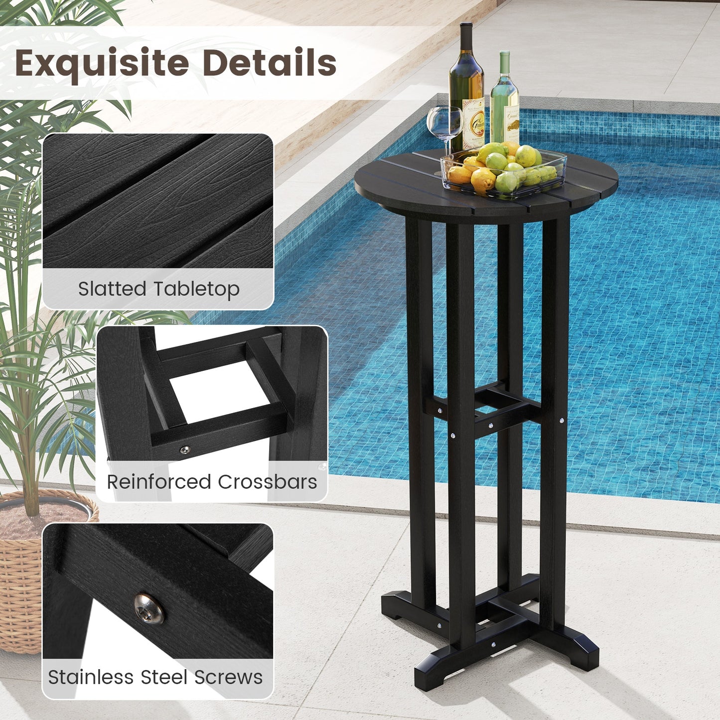 21.5 Inch Round Bar Table Patio HDPE Bar Height Dining Table with Slatted Tabletop-Black