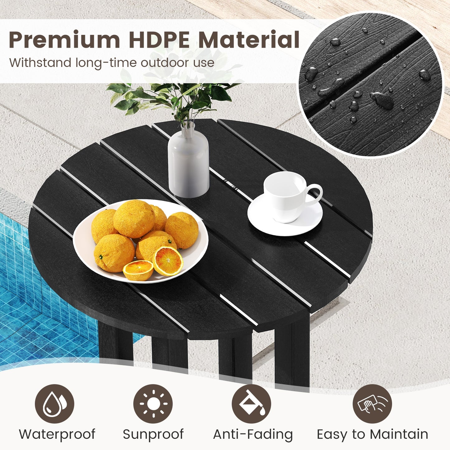 21.5 Inch Round Bar Table Patio HDPE Bar Height Dining Table with Slatted Tabletop-Black