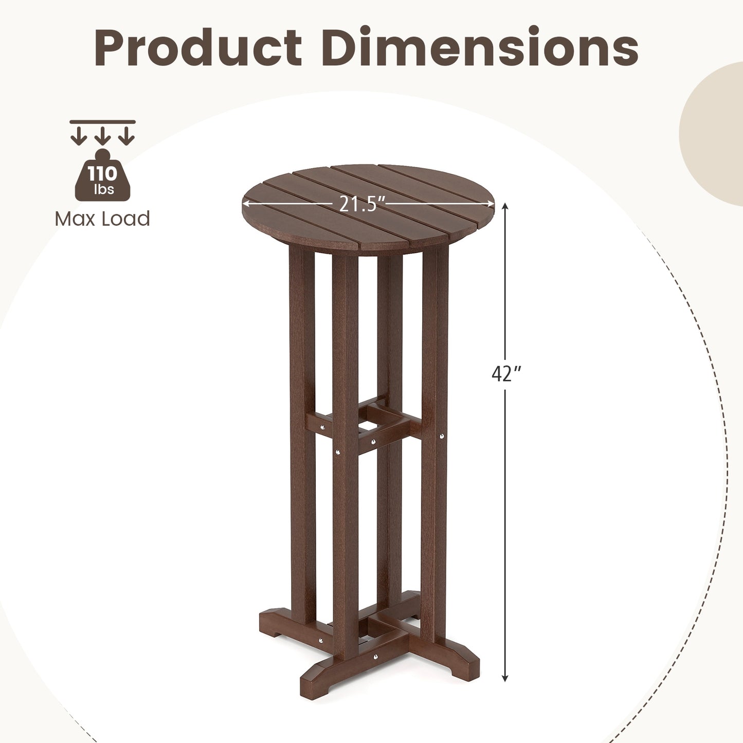 21.5 Inch Round Bar Table Patio HDPE Bar Height Dining Table with Slatted Tabletop-Brown