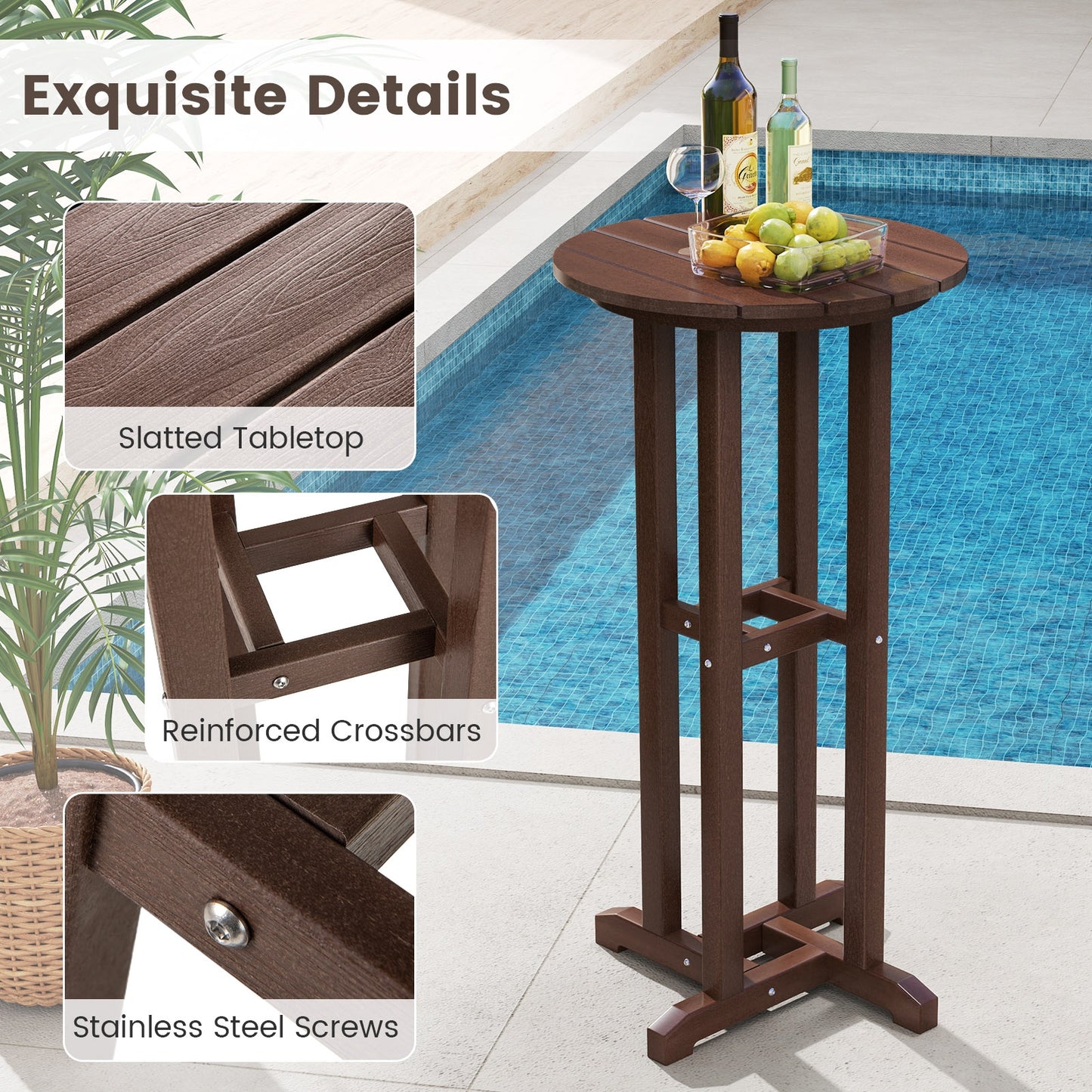 21.5 Inch Round Bar Table Patio HDPE Bar Height Dining Table with Slatted Tabletop-Brown