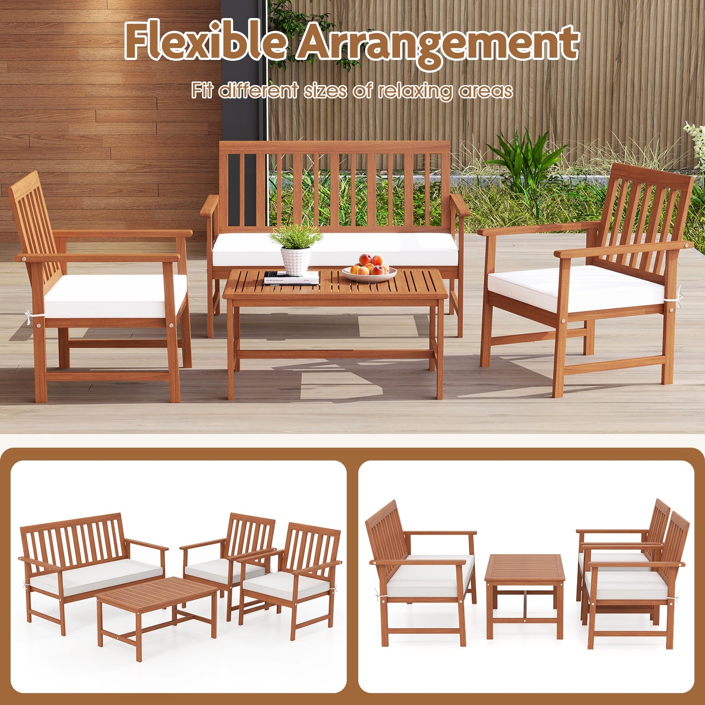 4 Pieces Acacia Wood Furniture Set with Seat Cushions and Robust Wood Frame-White