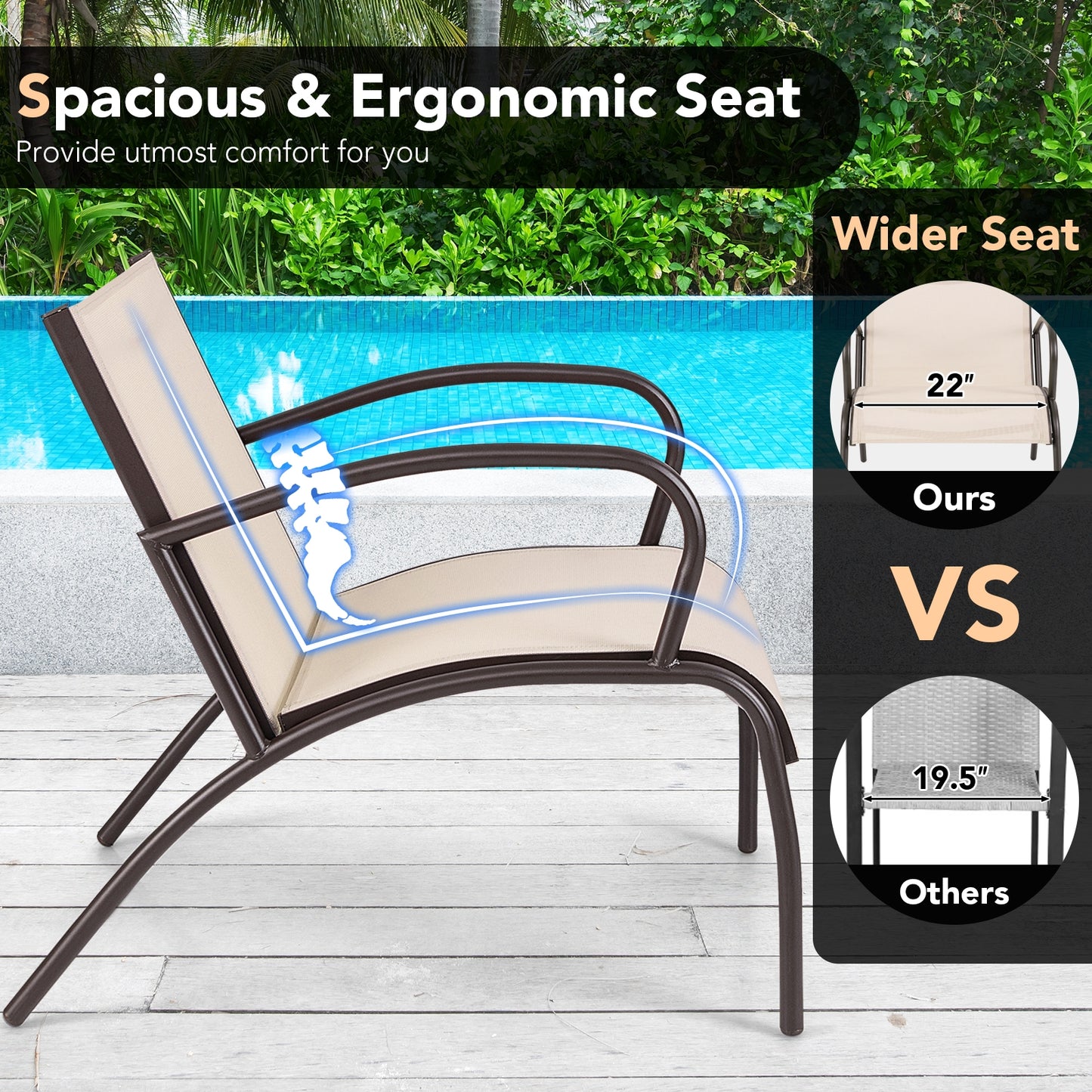 3 Piece Patio Metal Aluminum Wide Armchair and Table Set-Rusic Brown