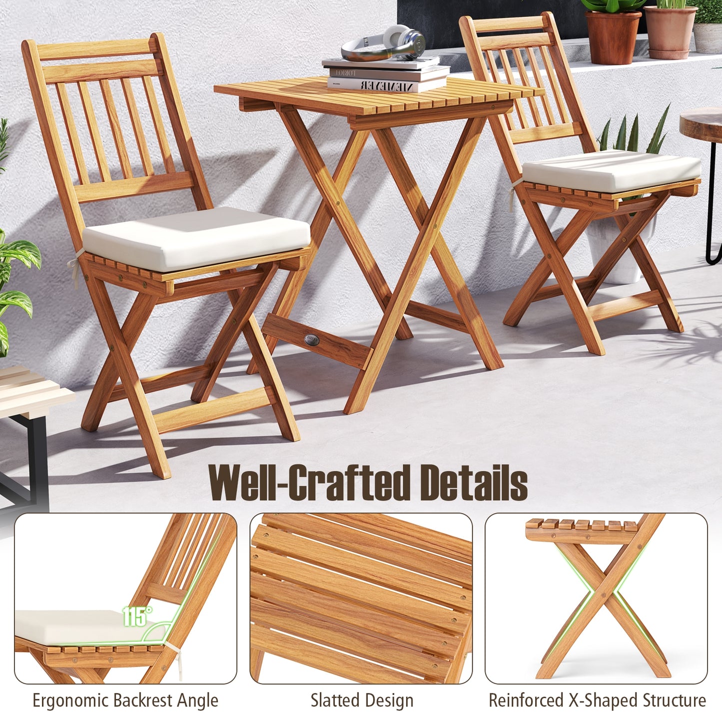 Outdoor Wood Bistro Set with Soft Seat Cushions and Table-White