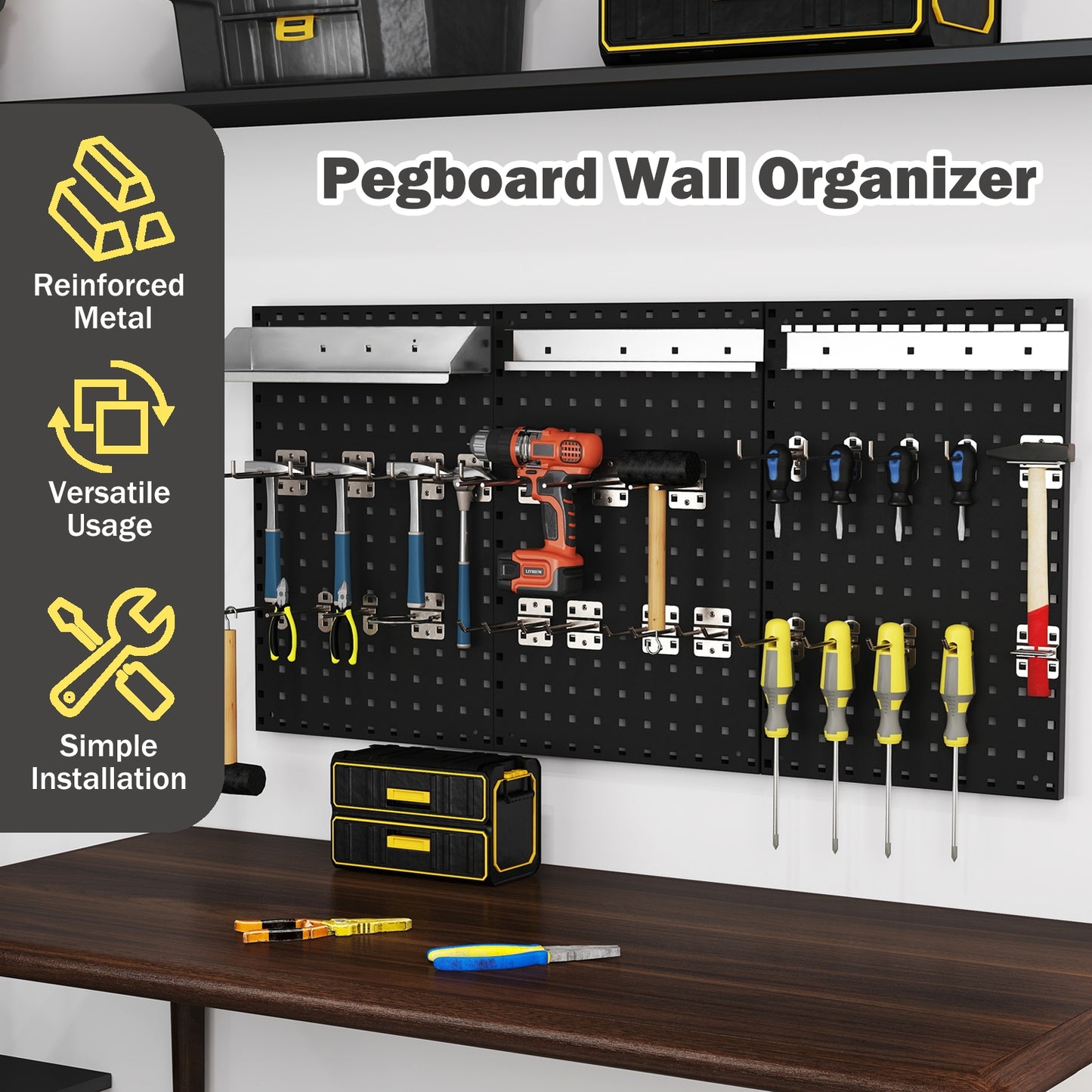 Wall-Mounted Pegboard Kit with 3 Pegboards for Garage Workshop-Black