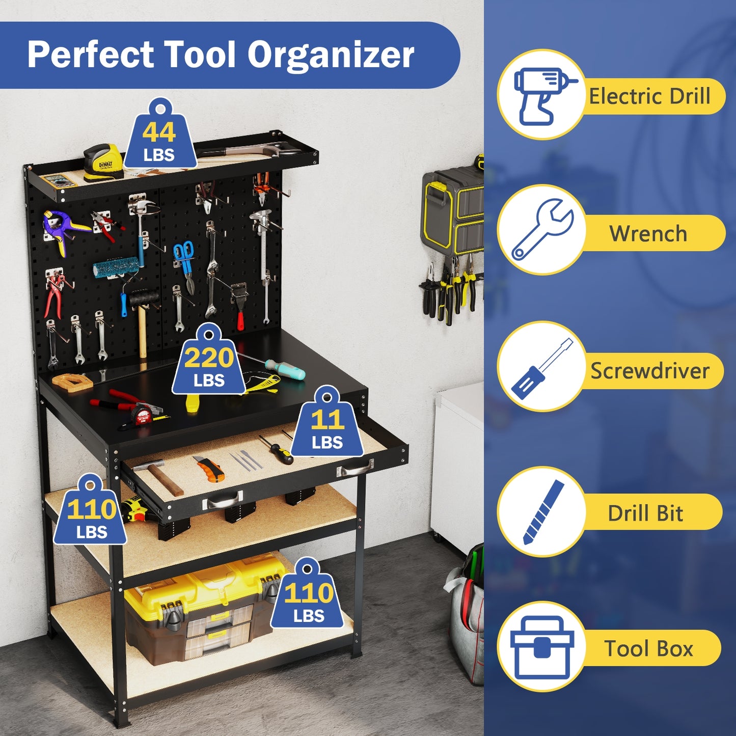 32 x 16 Inch Workbench Work Table with 2 PCs Pegboard Drawer and Shelves-Black