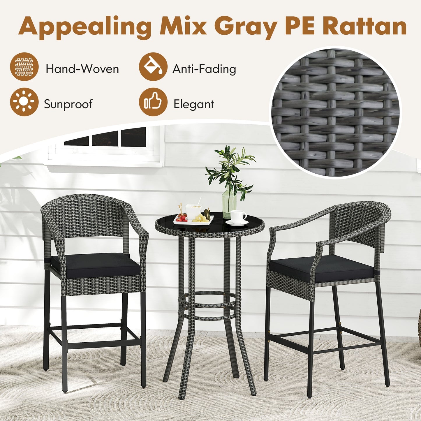 3-Piece Patio Rattan Bar Set with Tempered Glass Top for Backyard Poolside-Gray