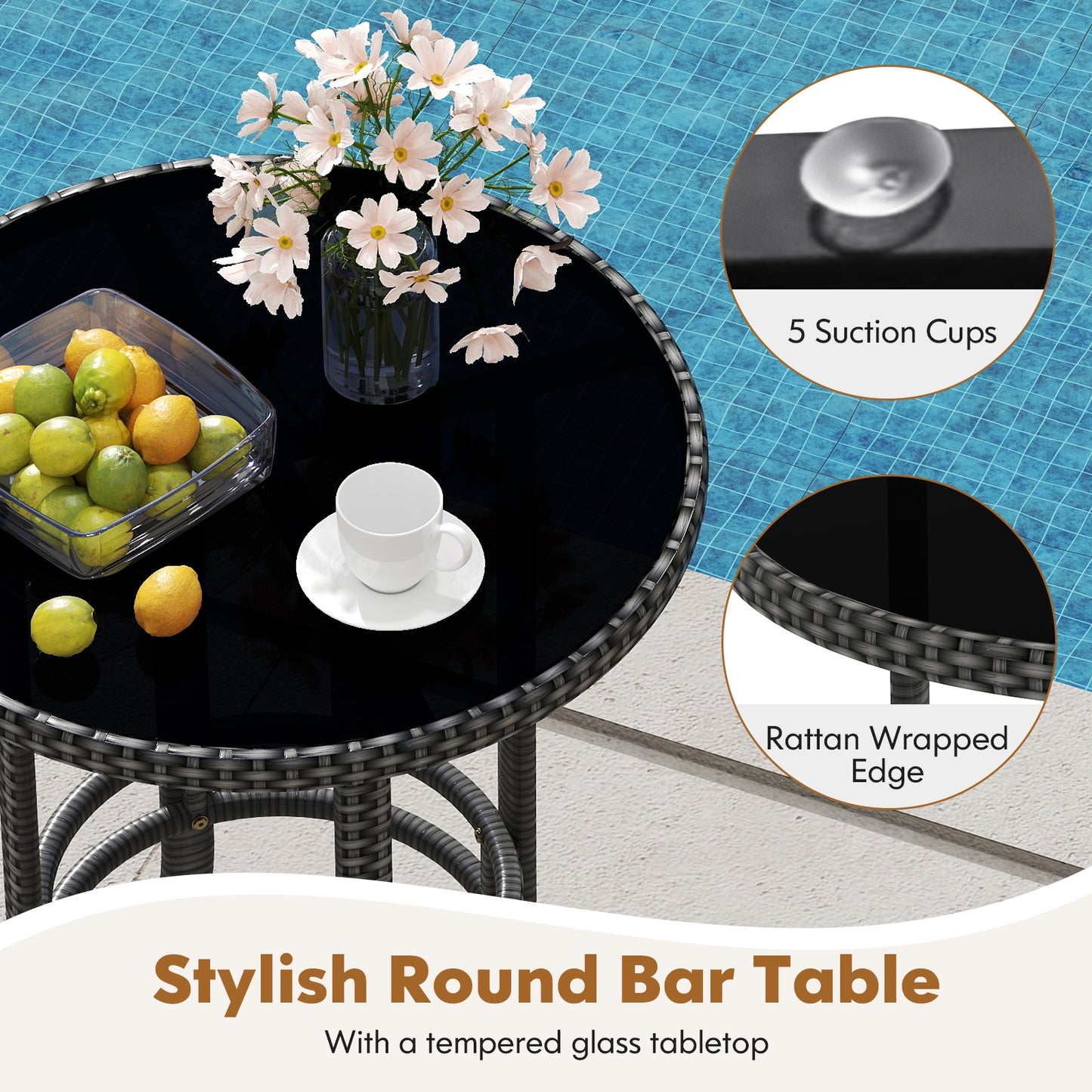 3-Piece Patio Rattan Bar Set with Tempered Glass Top for Backyard Poolside-Gray