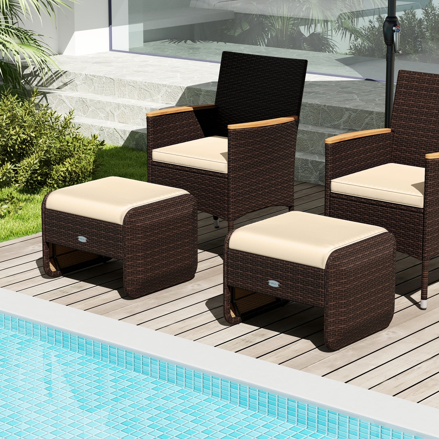 2 Pieces Outdoor Patio PE Wicker Ottomans with Removable Cushions-Brown