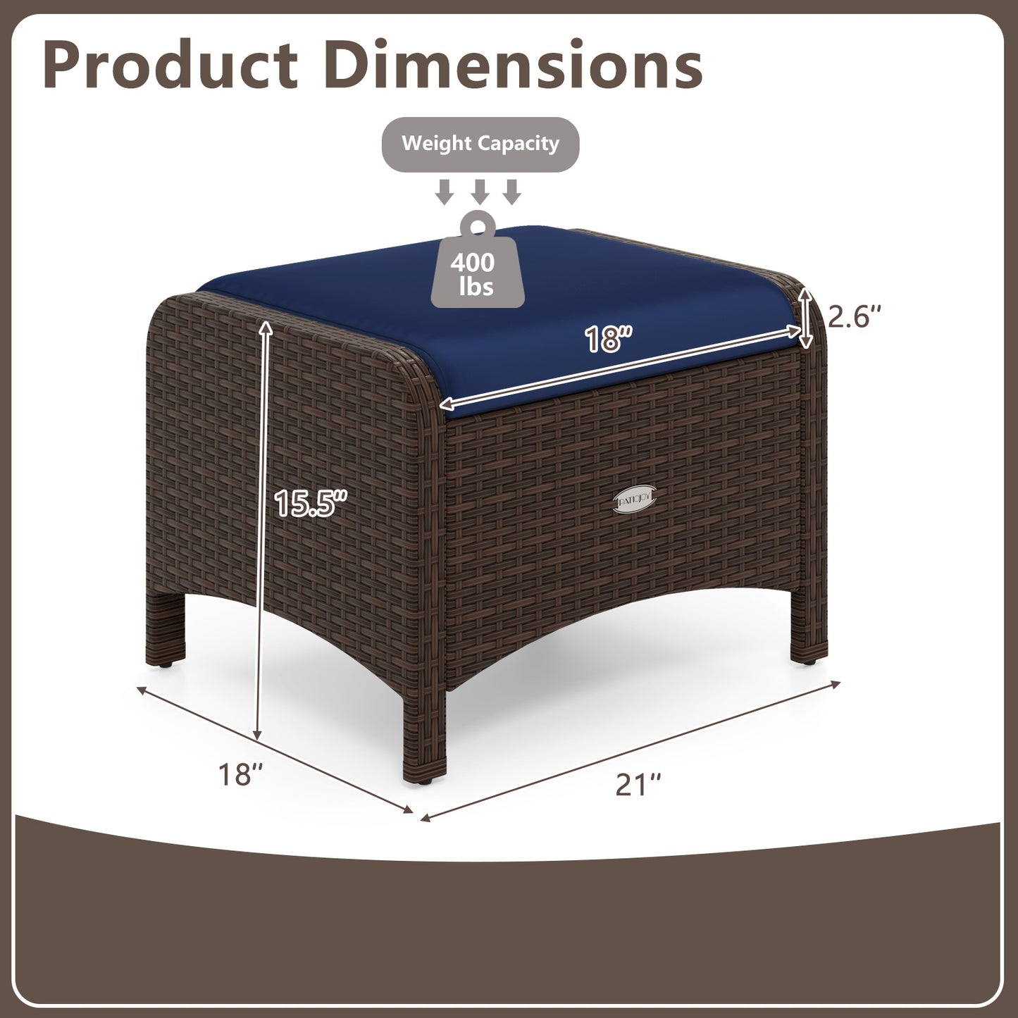 2 Pieces Outdoor Patio PE Wicker Ottomans with Removable Cushions-Navy