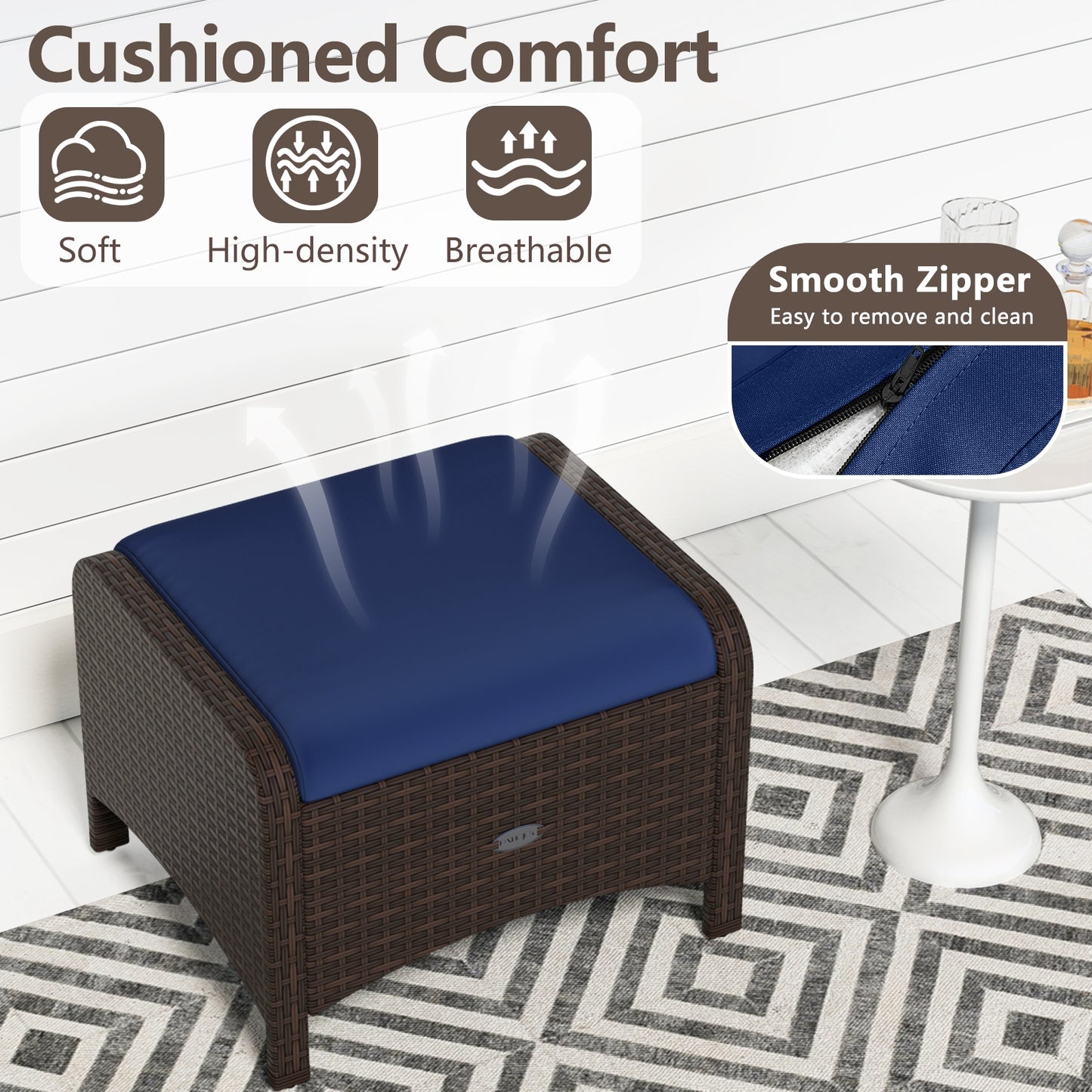 2 Pieces Outdoor Patio PE Wicker Ottomans with Removable Cushions-Navy