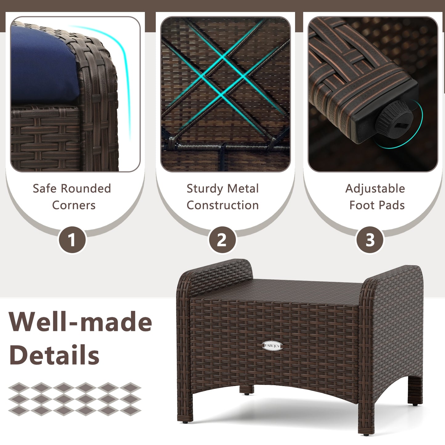 2 Pieces Outdoor Patio PE Wicker Ottomans with Removable Cushions-Navy