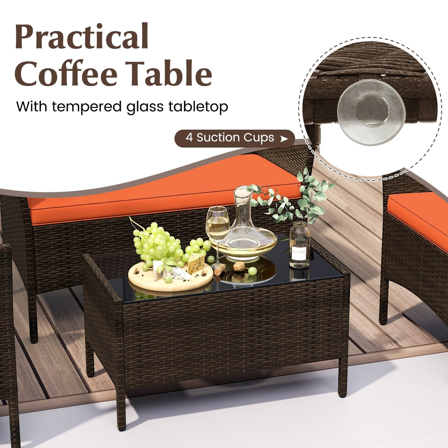 4 Piece Patio Rattan Conversation Set with Cozy Seat Cushions-Orange