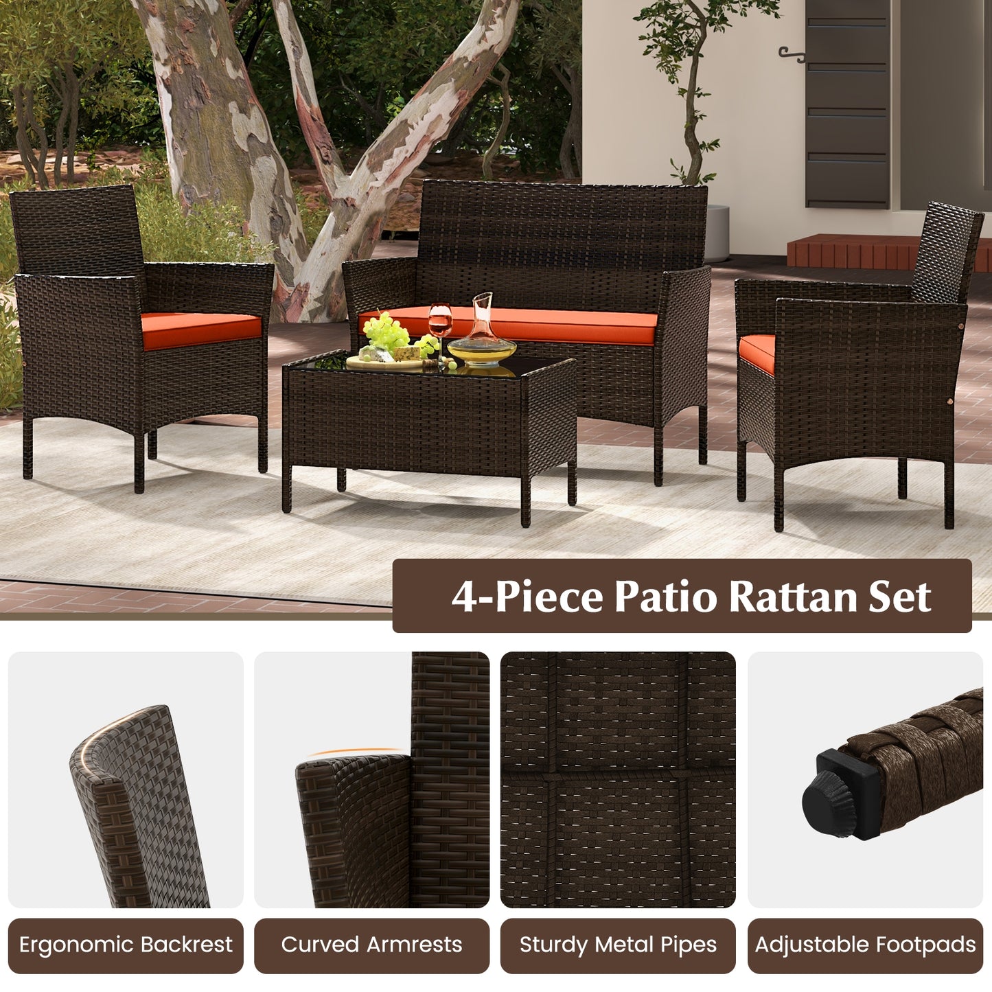 4 Piece Patio Rattan Conversation Set with Cozy Seat Cushions-Orange