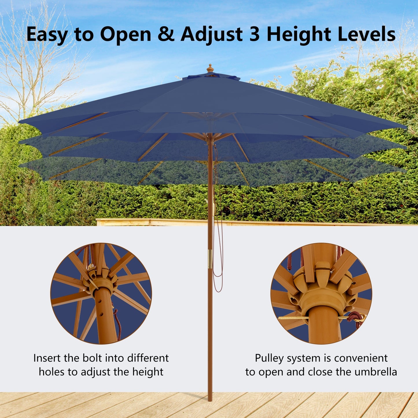 10 Feet Patio Umbrella with 8 Wooden Ribs and 3 Adjustable Heights-Navy
