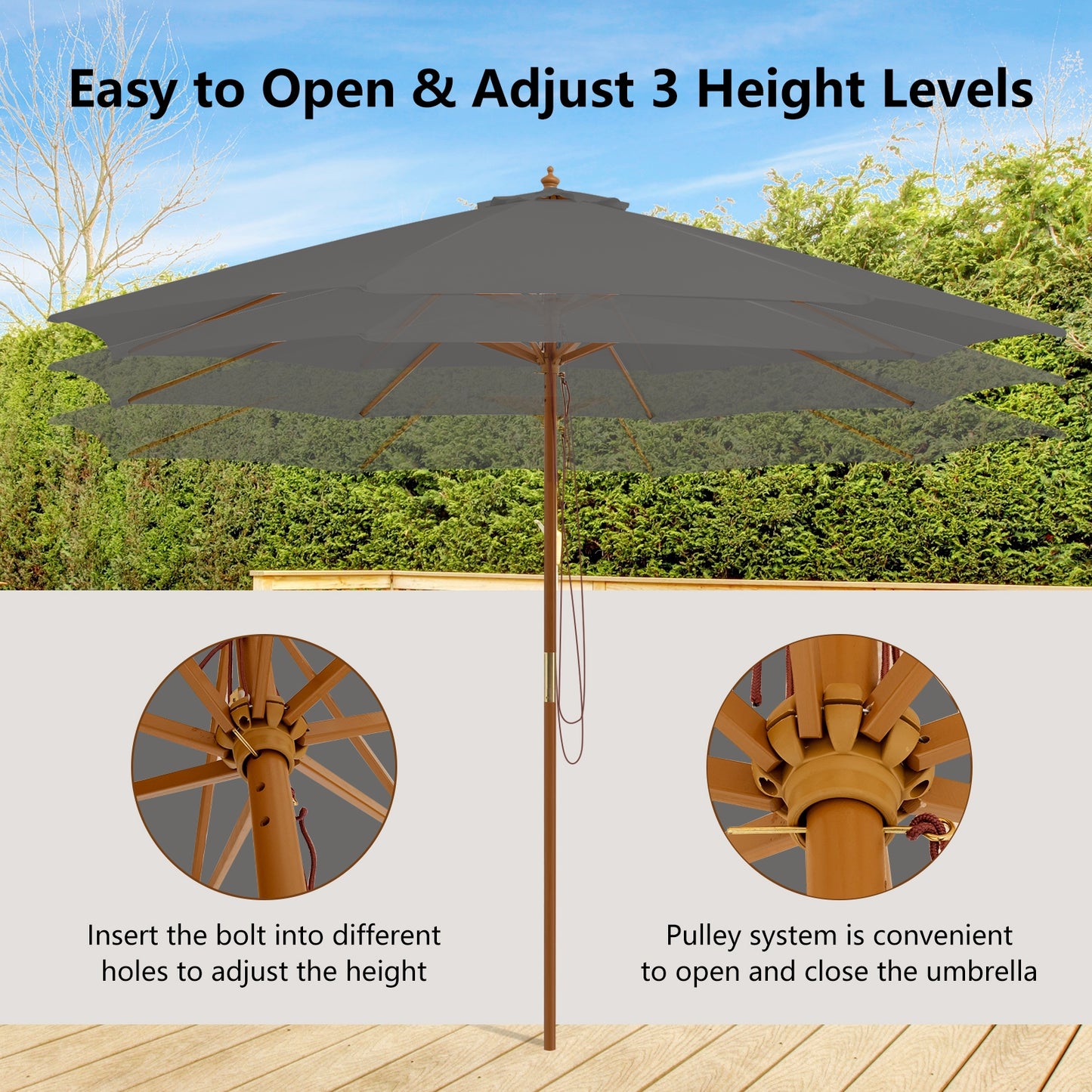 10 Feet Patio Umbrella with 8 Wooden Ribs and 3 Adjustable Heights-Gray