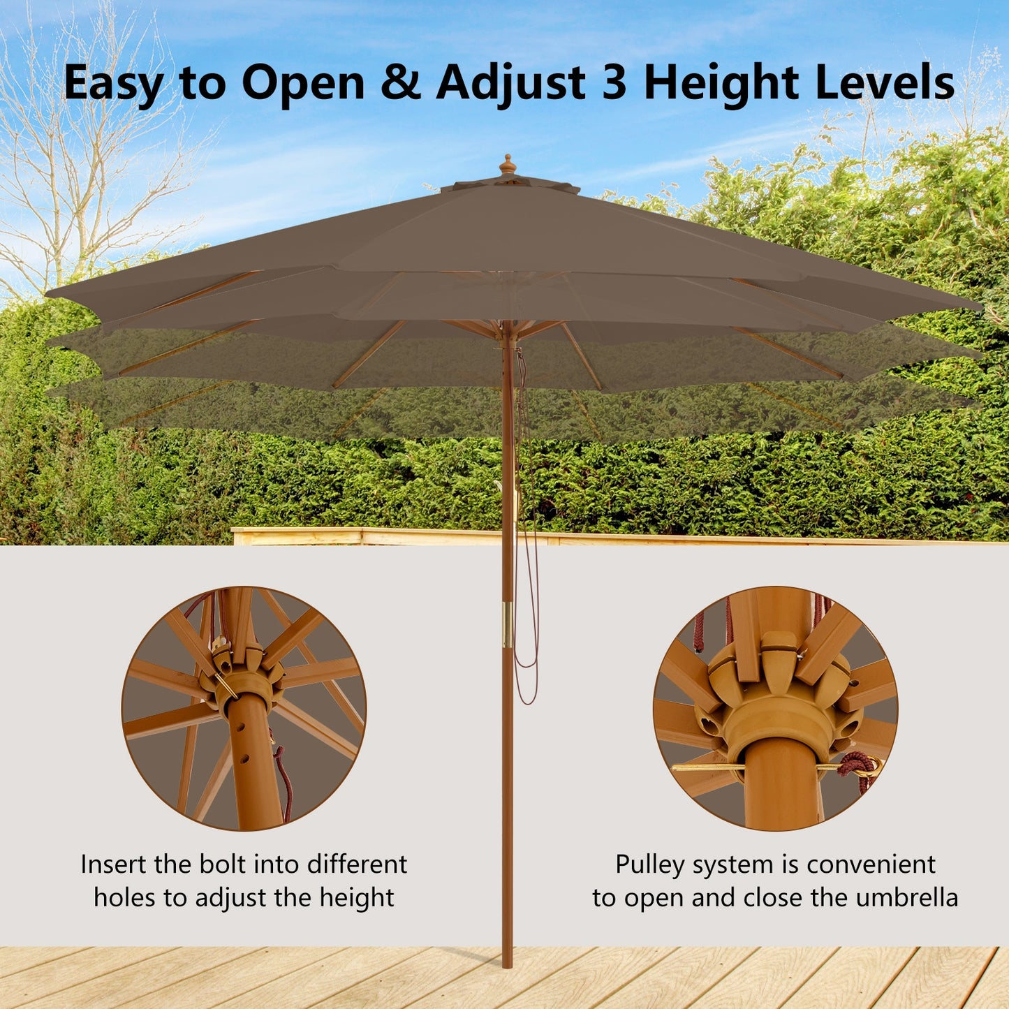 10 Feet Patio Umbrella with 8 Wooden Ribs and 3 Adjustable Heights-Brown