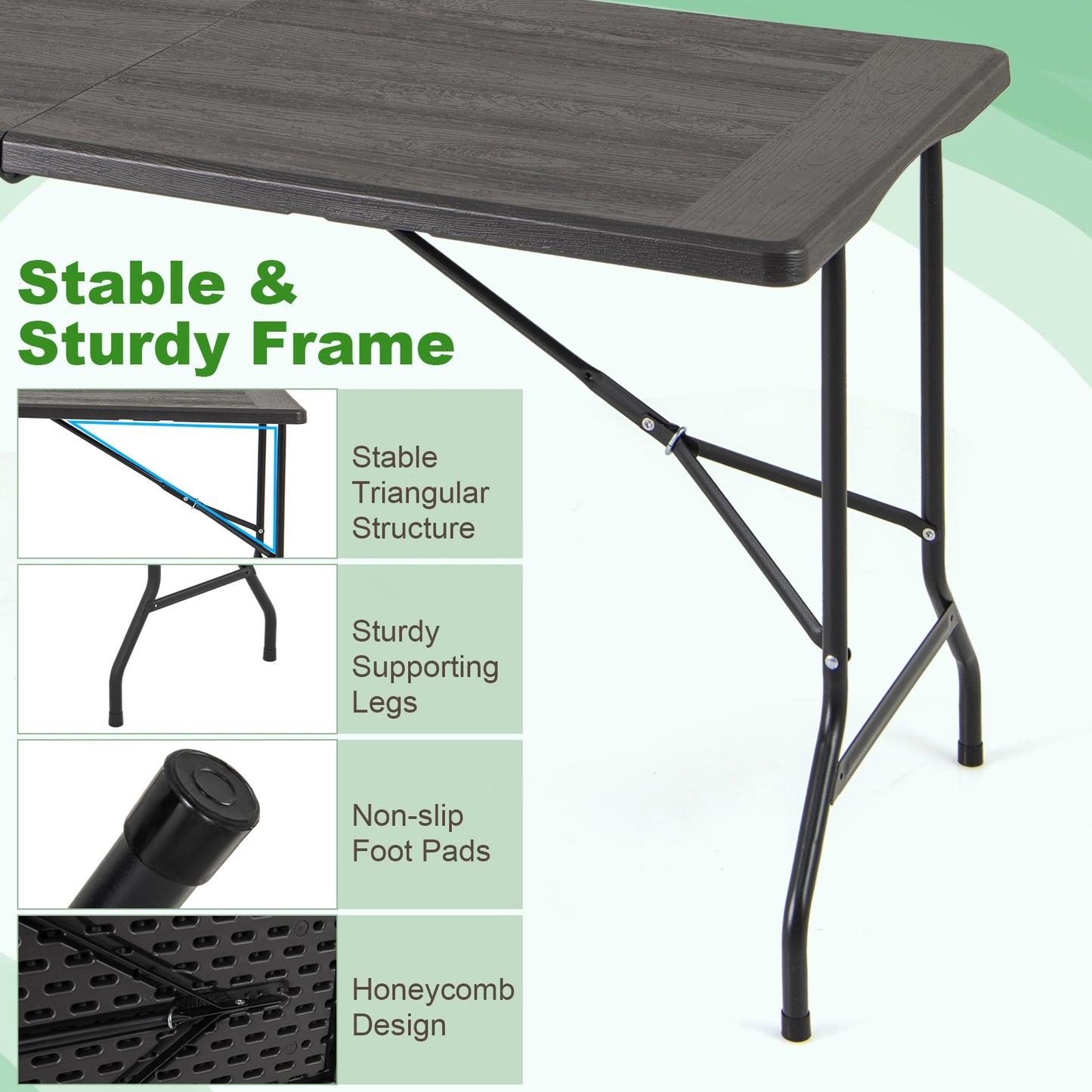 5FT Folding Picnic Table with Wood Grain HDPE Tabletop and  Non-slip Foot Pads-Black