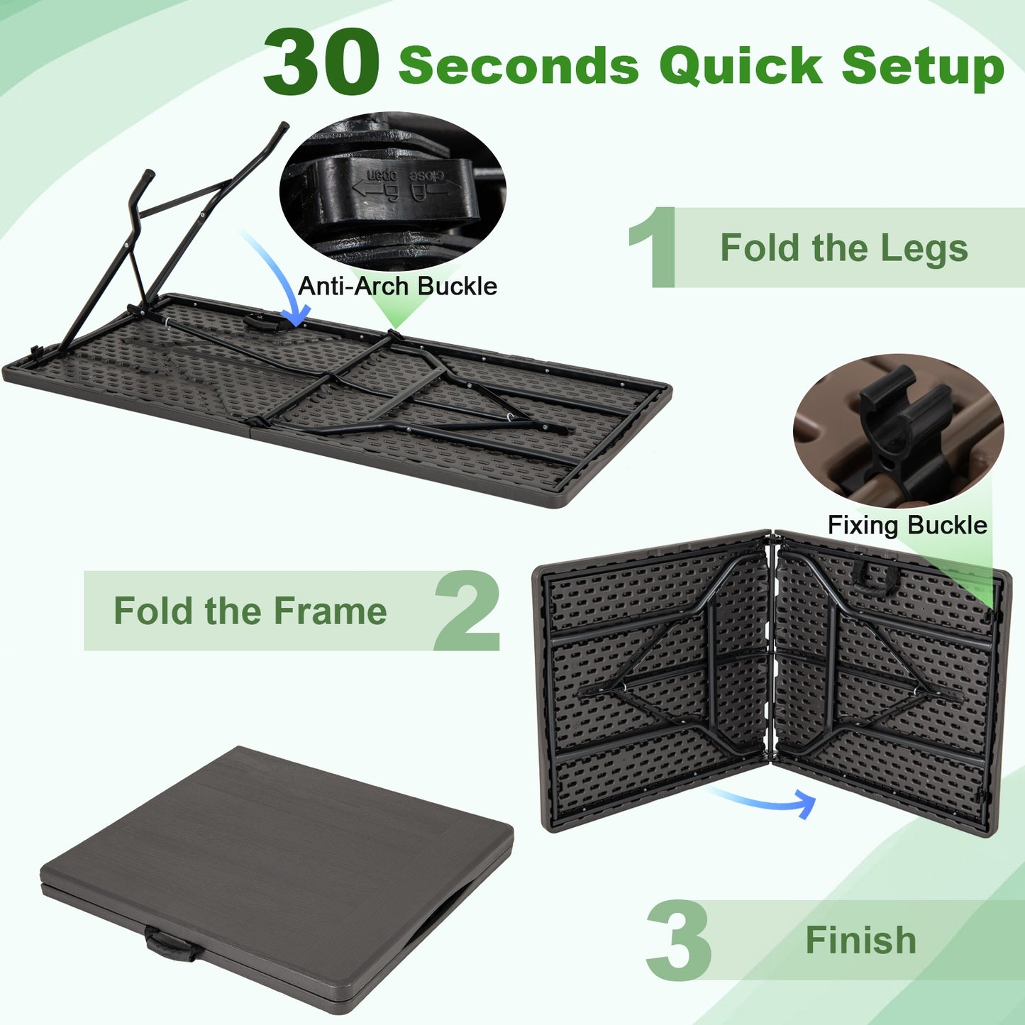 5FT Folding Picnic Table with Wood Grain HDPE Tabletop and  Non-slip Foot Pads-Black