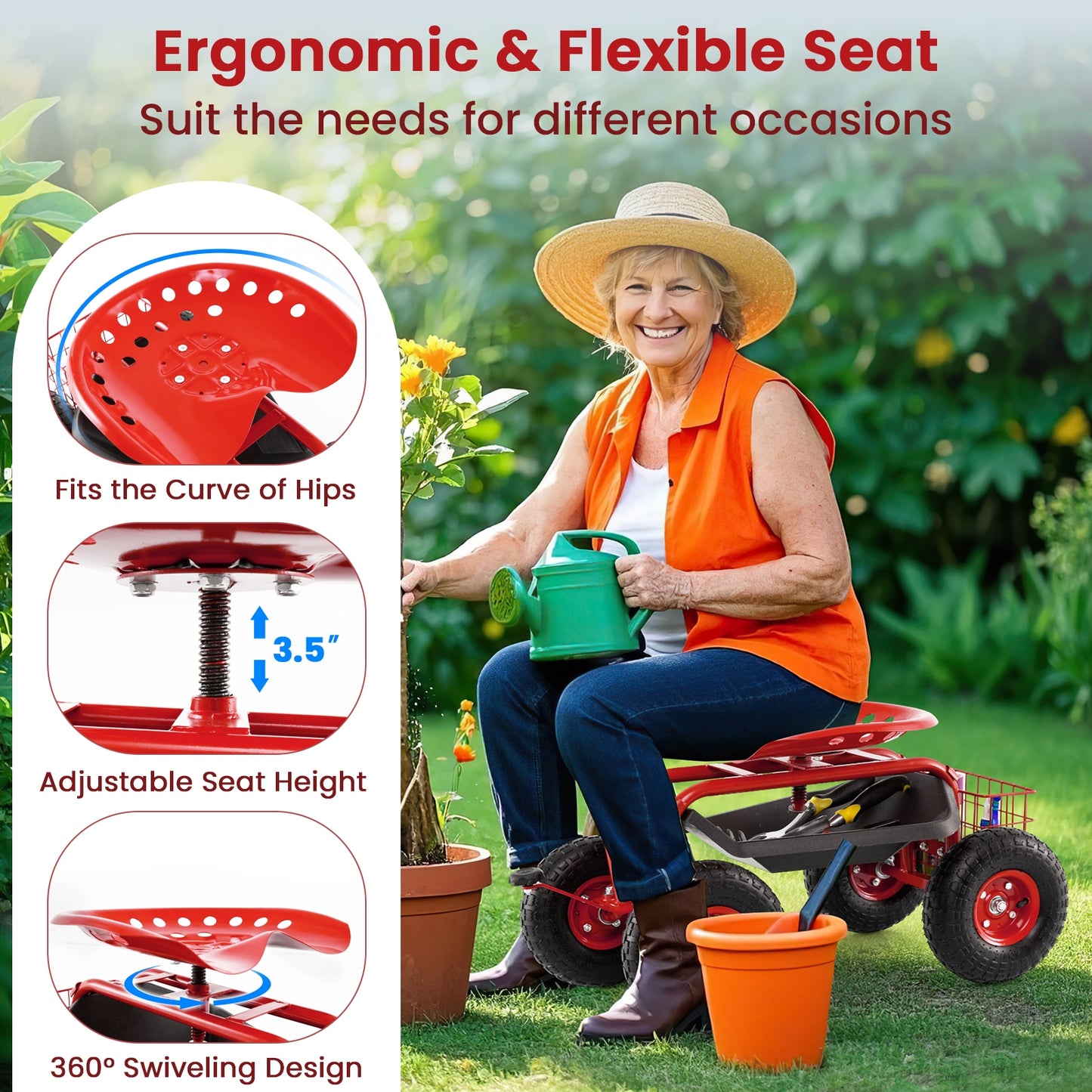 4-Wheel Rolling Garden Cart Work Seat-Red