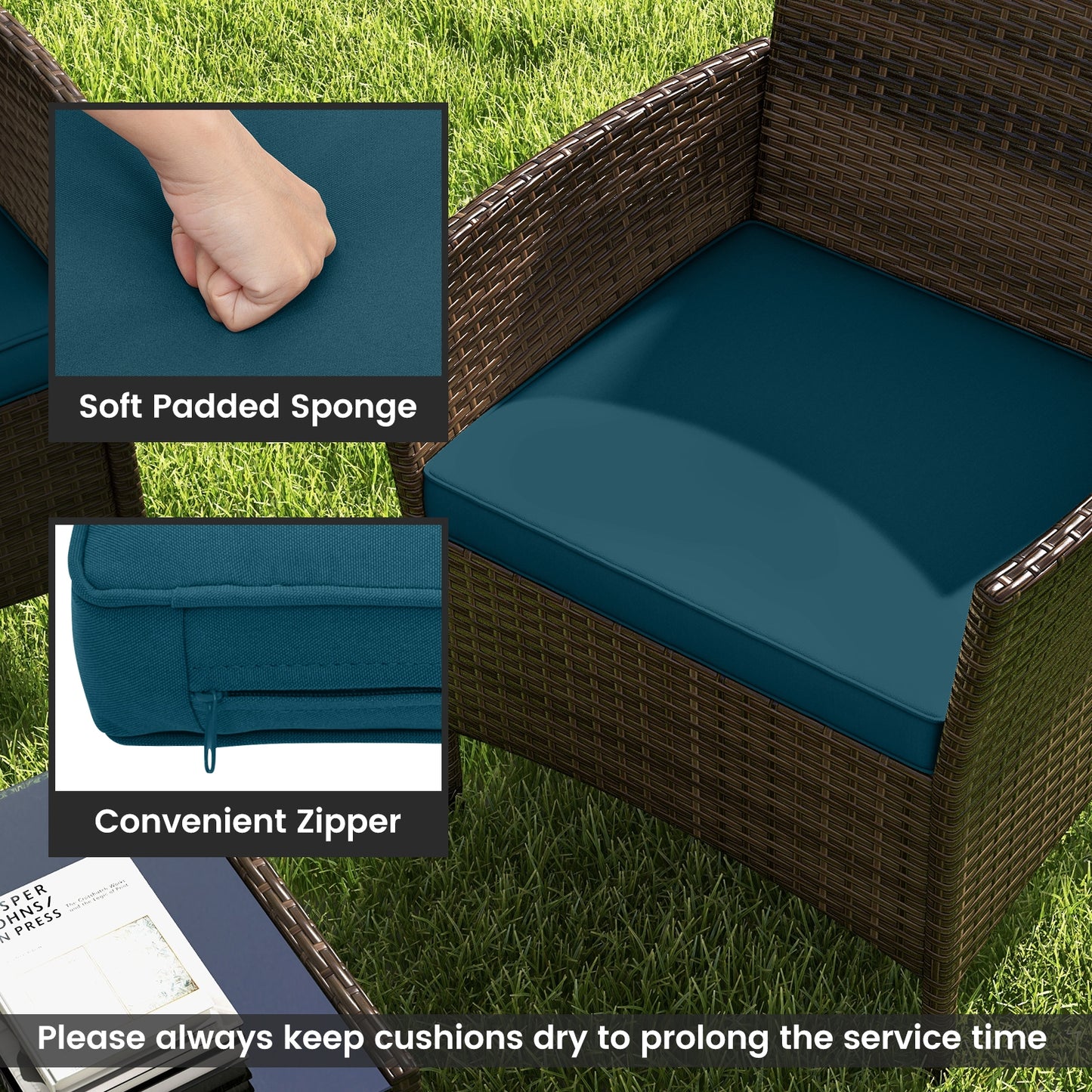 4 Piece Patio Rattan Conversation Set with Cozy Seat Cushions-Peacock Blue