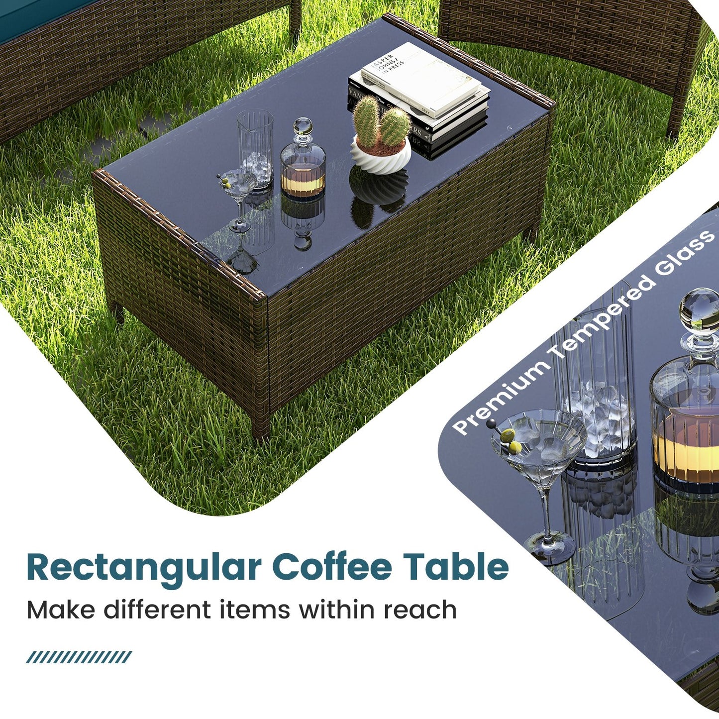 4 Piece Patio Rattan Conversation Set with Cozy Seat Cushions-Peacock Blue