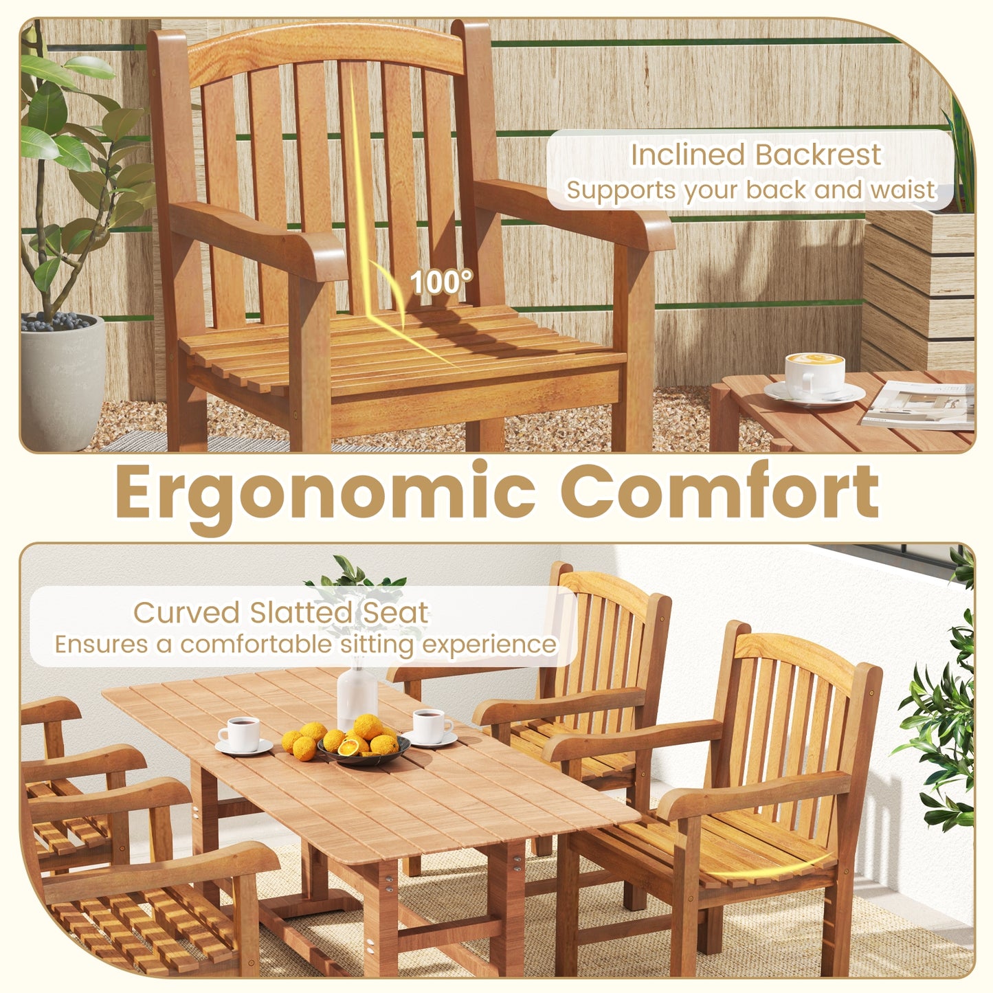 Patio Teak Wood Dining Chair with Slatted Seat Backrest and Solid Legs