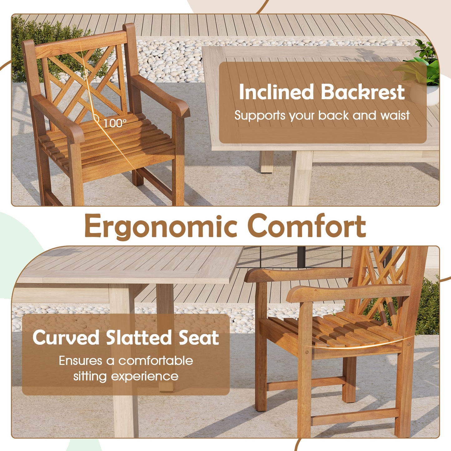 Teak Wood Patio Dining Chair with Slatted Seat Cross-Rhombus Backrest and Solid Legs