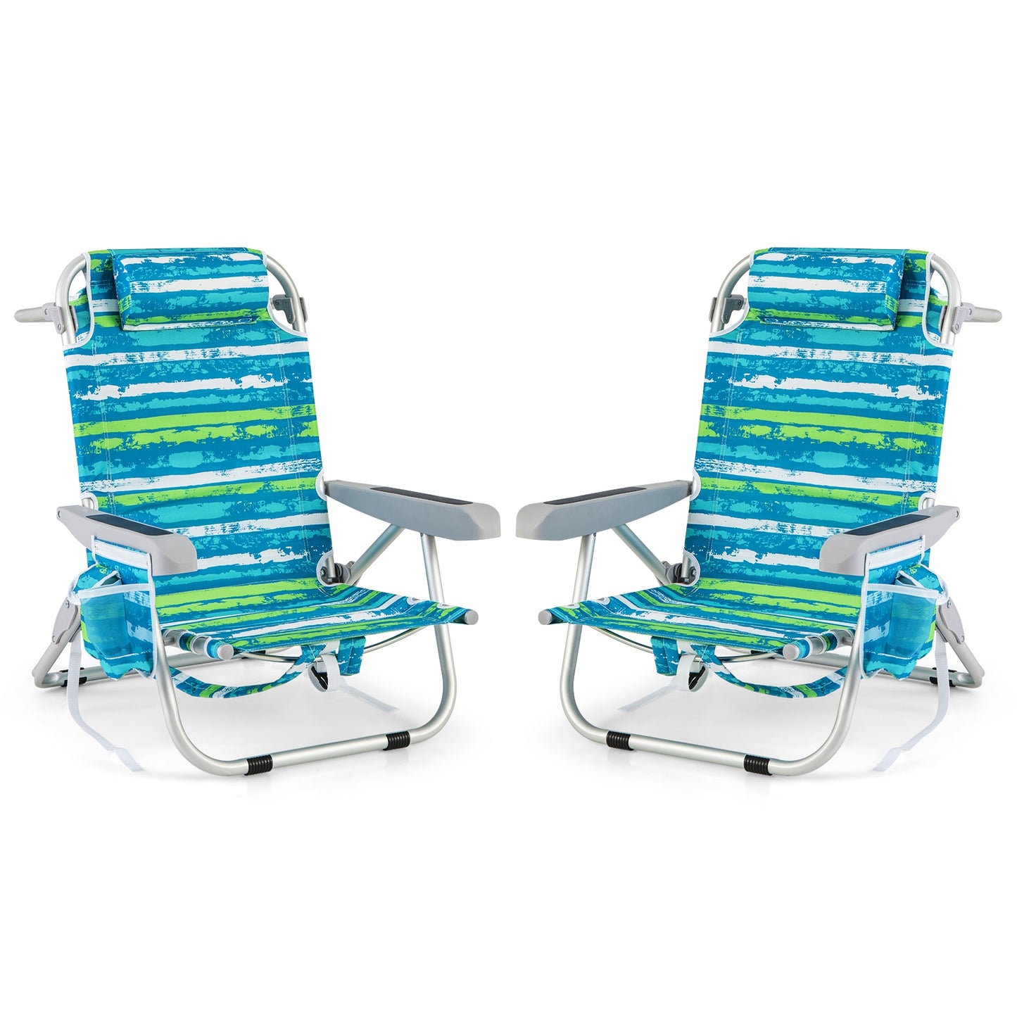 Foldable Backpack Beach Chair with Cup Holder and Storage Pockets Set of 2-Green