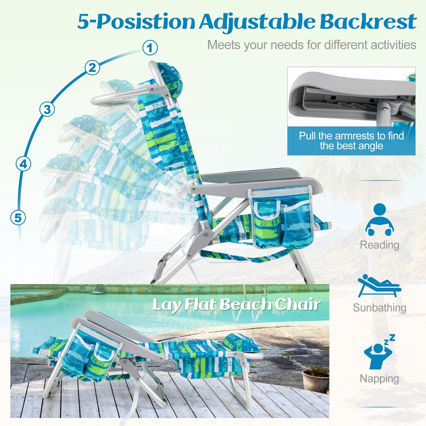 Foldable Backpack Beach Chair with Cup Holder and Storage Pockets Set of 2-Green