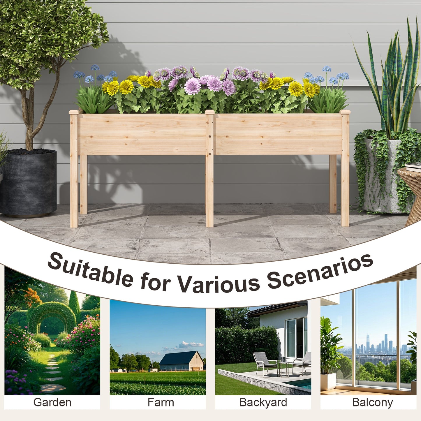 Large Raised Garden Bed with Drainage Holes and 6 Supporting Legs-Natural