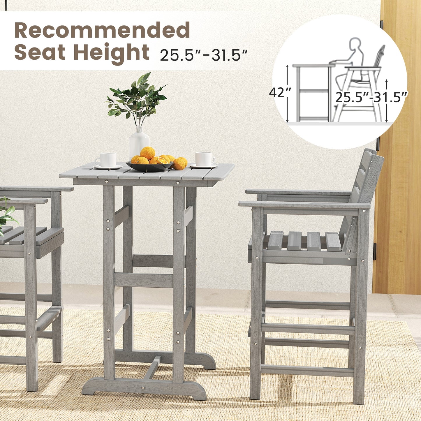 30 Inch Square Bar Table Dining Table with Slatted Tabletop for Poolside-Gray