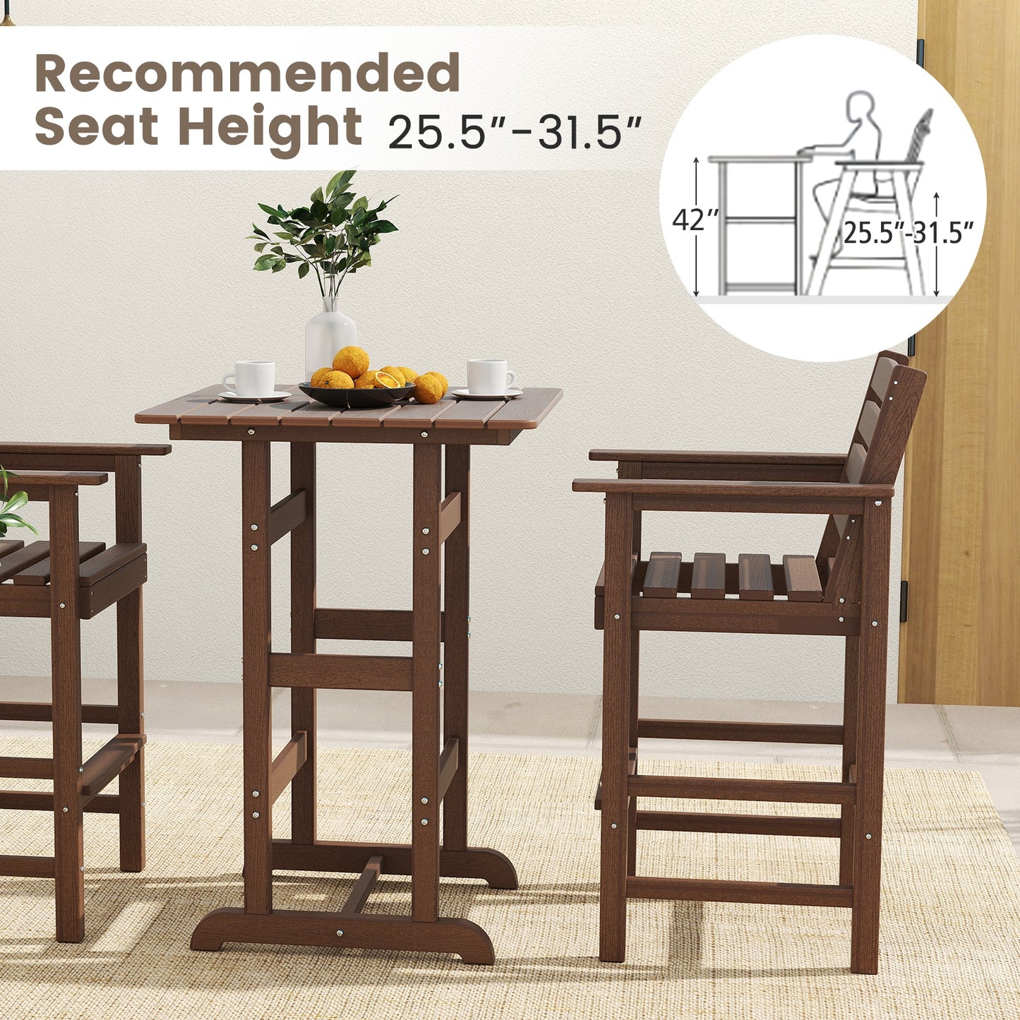 30 Inch Square Bar Table Dining Table with Slatted Tabletop for Poolside-Brown