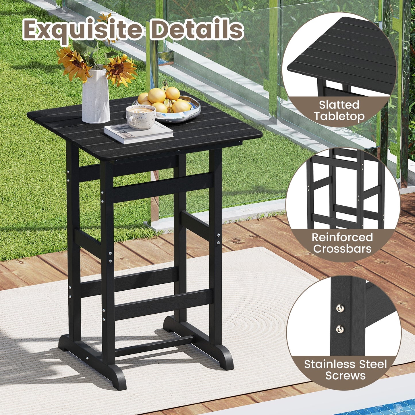 30 Inch Square Bar Table Dining Table with Slatted Tabletop for Poolside-Black