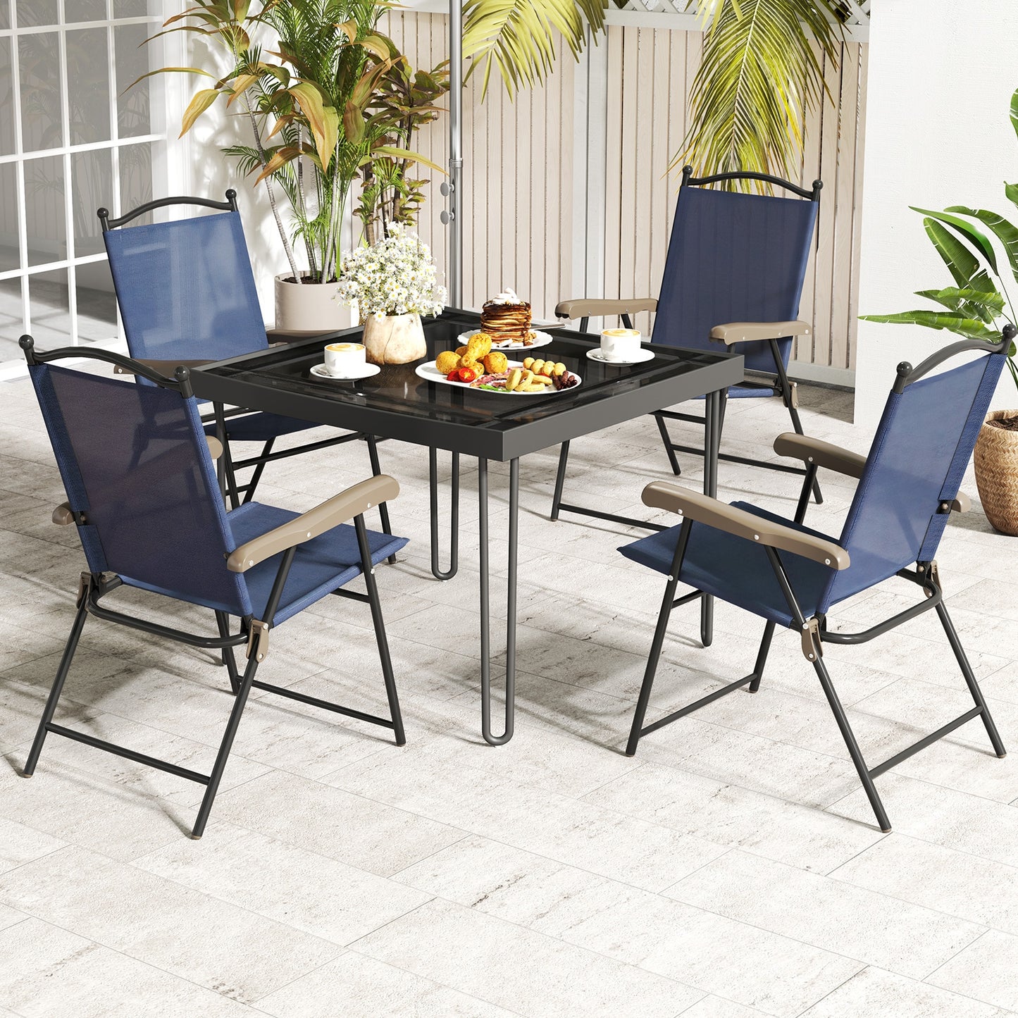 Set of 2 Patio Folding Sling Back Camping Deck Chairs-Navy