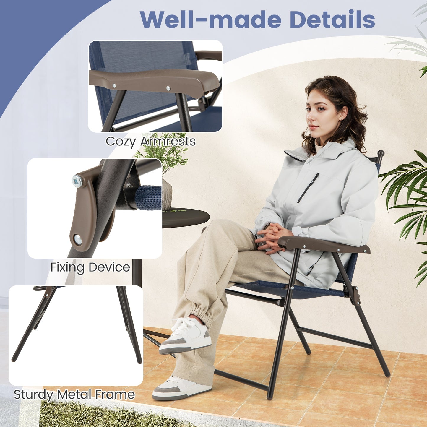 Set of 2 Patio Folding Sling Back Camping Deck Chairs-Navy