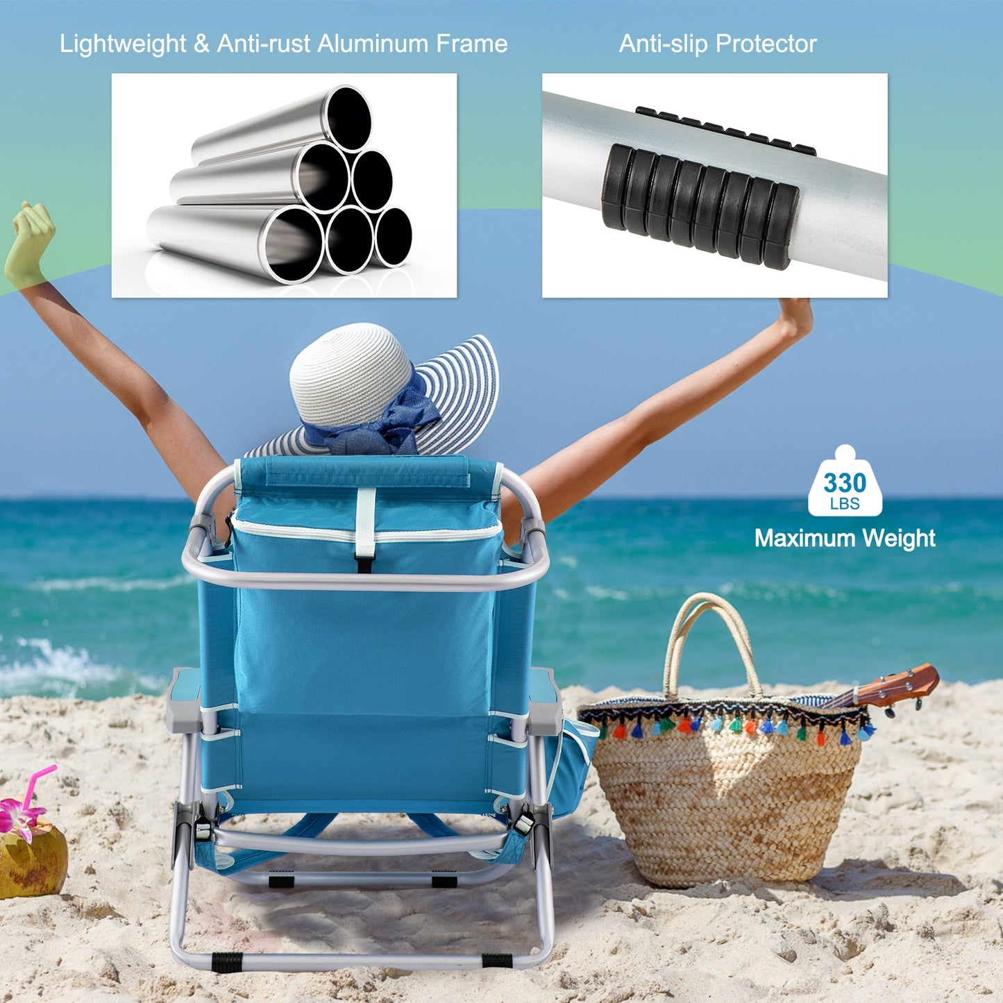 1 Piece Foldable Backpack Beach Chair with Cup Holder and Storage Pockets for Outdoor-Blue