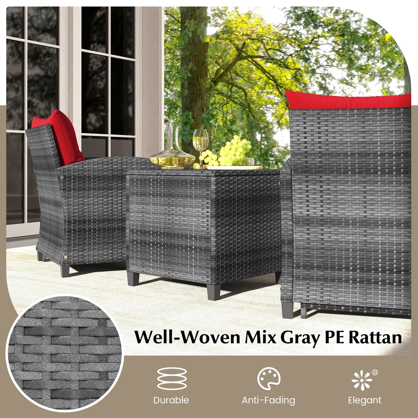 5 Piece Patio Rattan Furniture with 2 Ottomans and Tempered Glass Coffee Table-Red