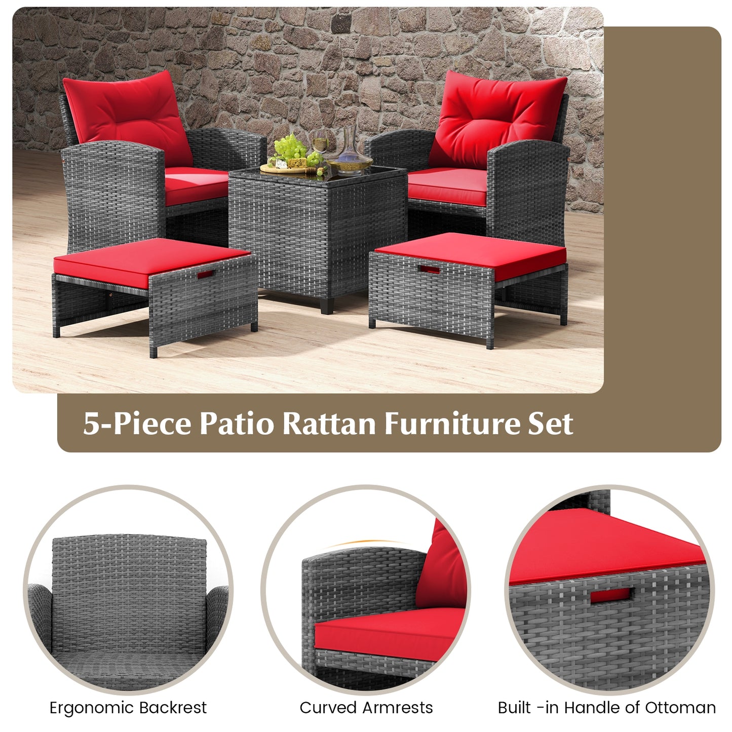 5 Piece Patio Rattan Furniture with 2 Ottomans and Tempered Glass Coffee Table-Red