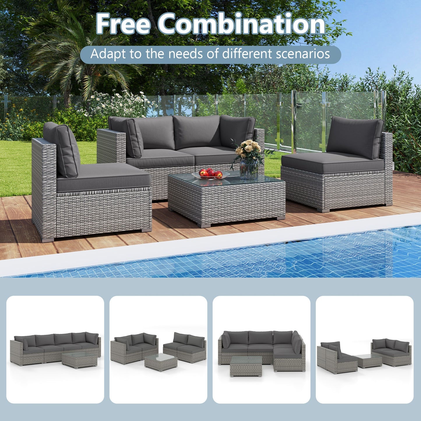 5-Piece Outdoor Patio Sectional Sofa Couch and Glass Coffee Table with Cushions-Gray