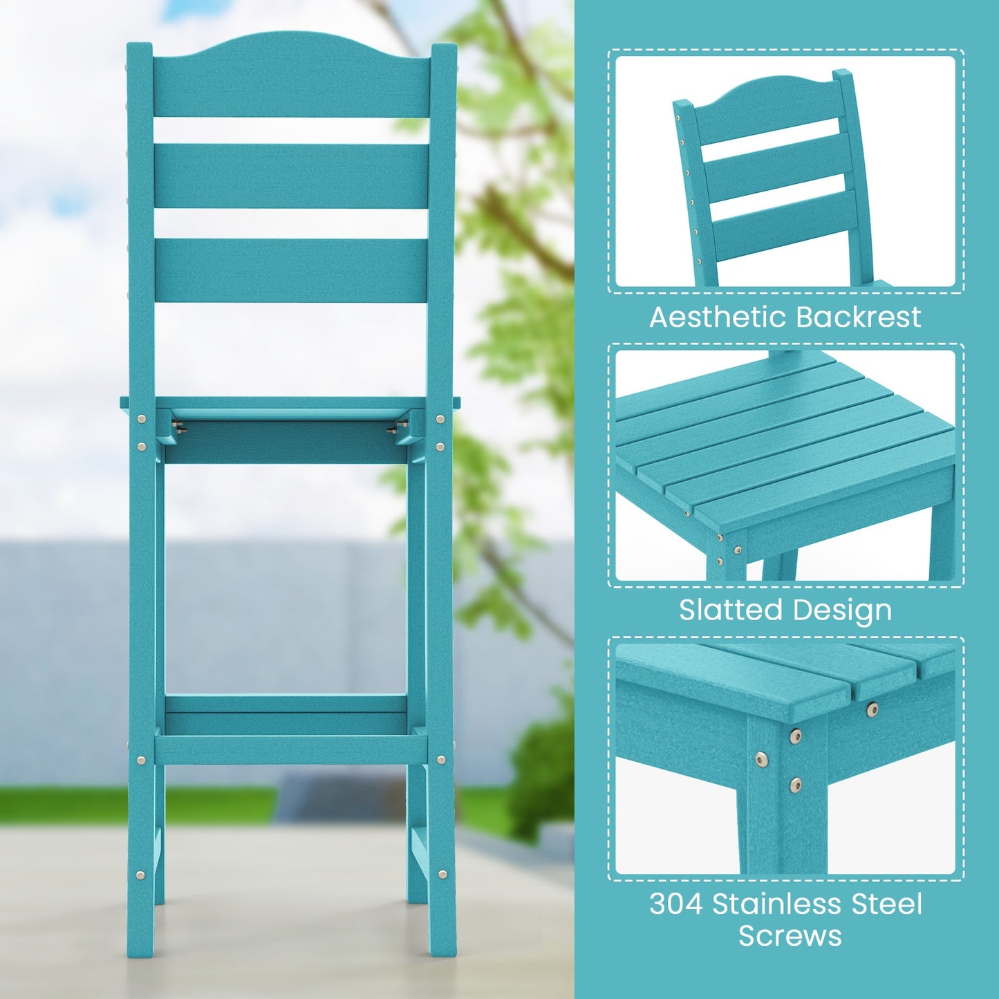 30 Inches Counter Height HDPE Bar Stool with Backrest and Footrest-Turquoise
