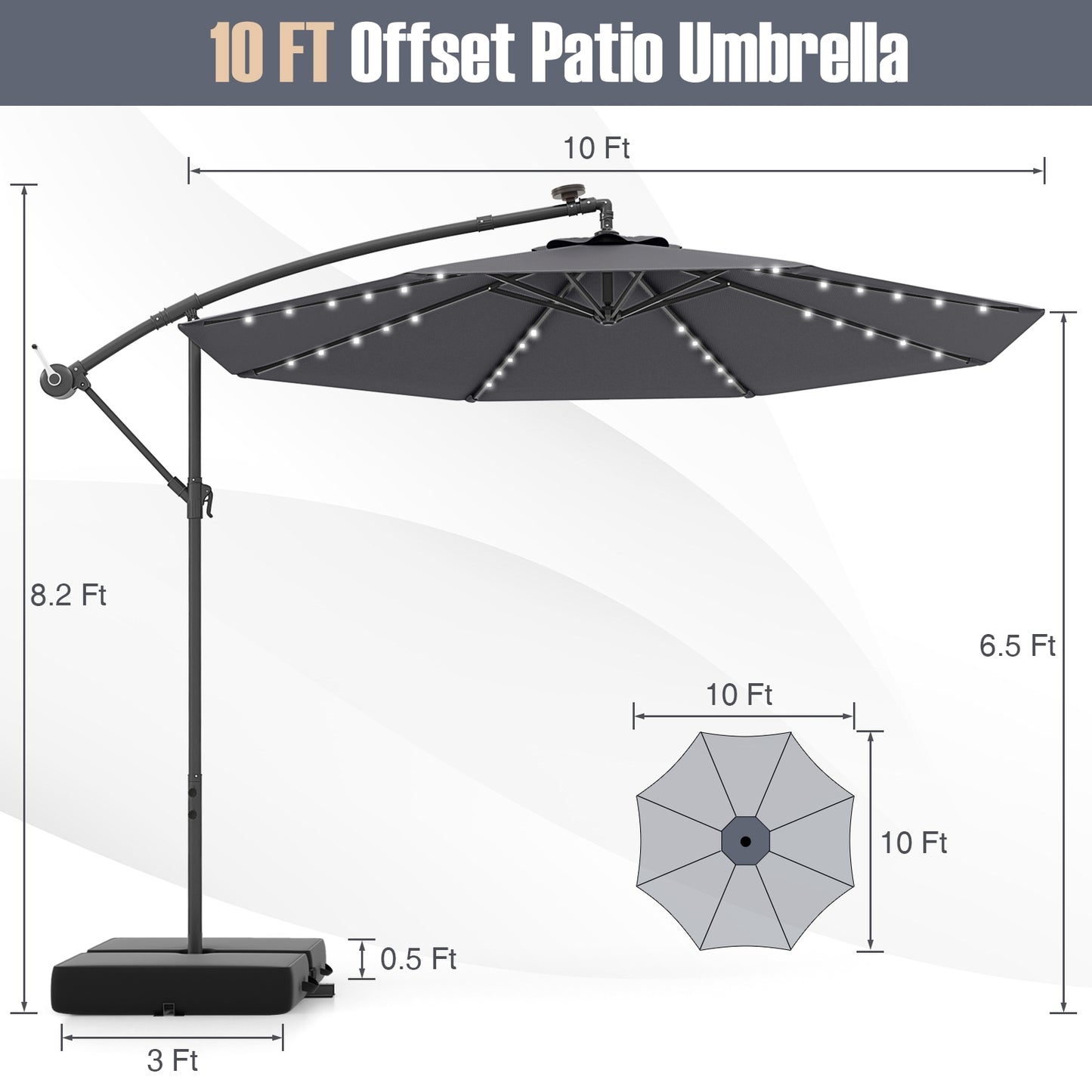 10 Ft Patio Umbrella Offset Cantilever Umbrella with 40 Solar Powered Lights-Gray