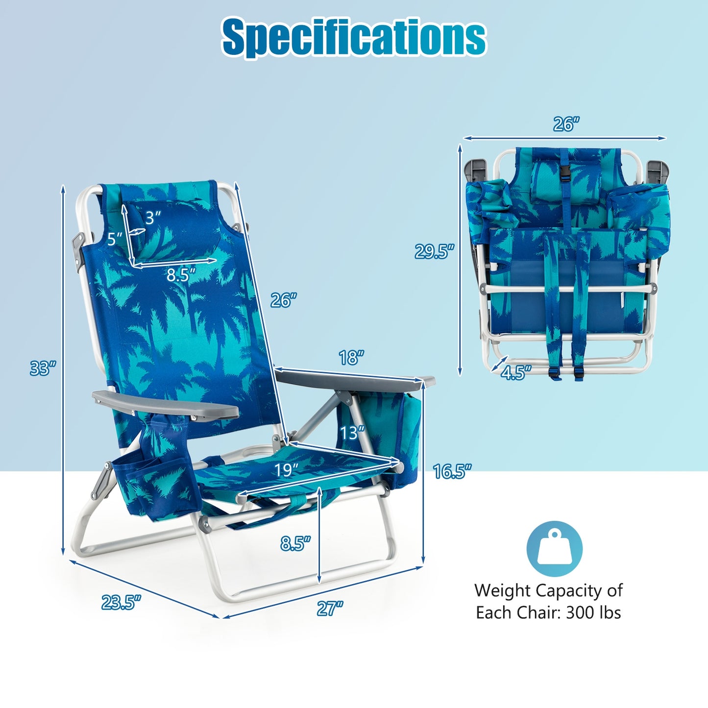2 Pieces Folding Backpack Beach Chair with Pillow-Peacock Blue