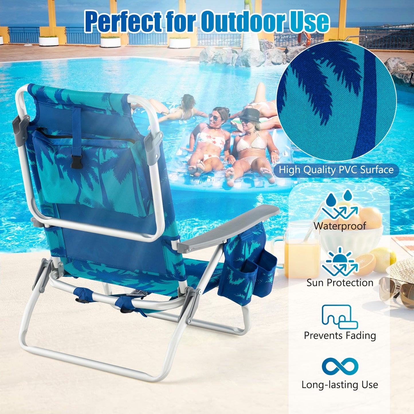 2 Pieces Folding Backpack Beach Chair with Pillow-Peacock Blue
