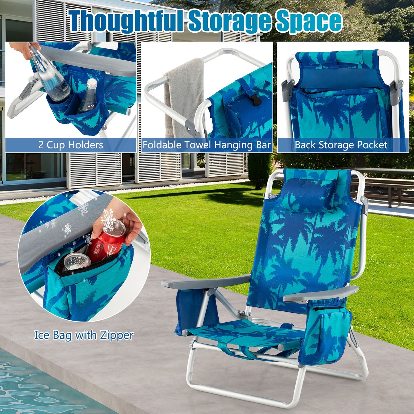 2 Pieces Folding Backpack Beach Chair with Pillow-Peacock Blue