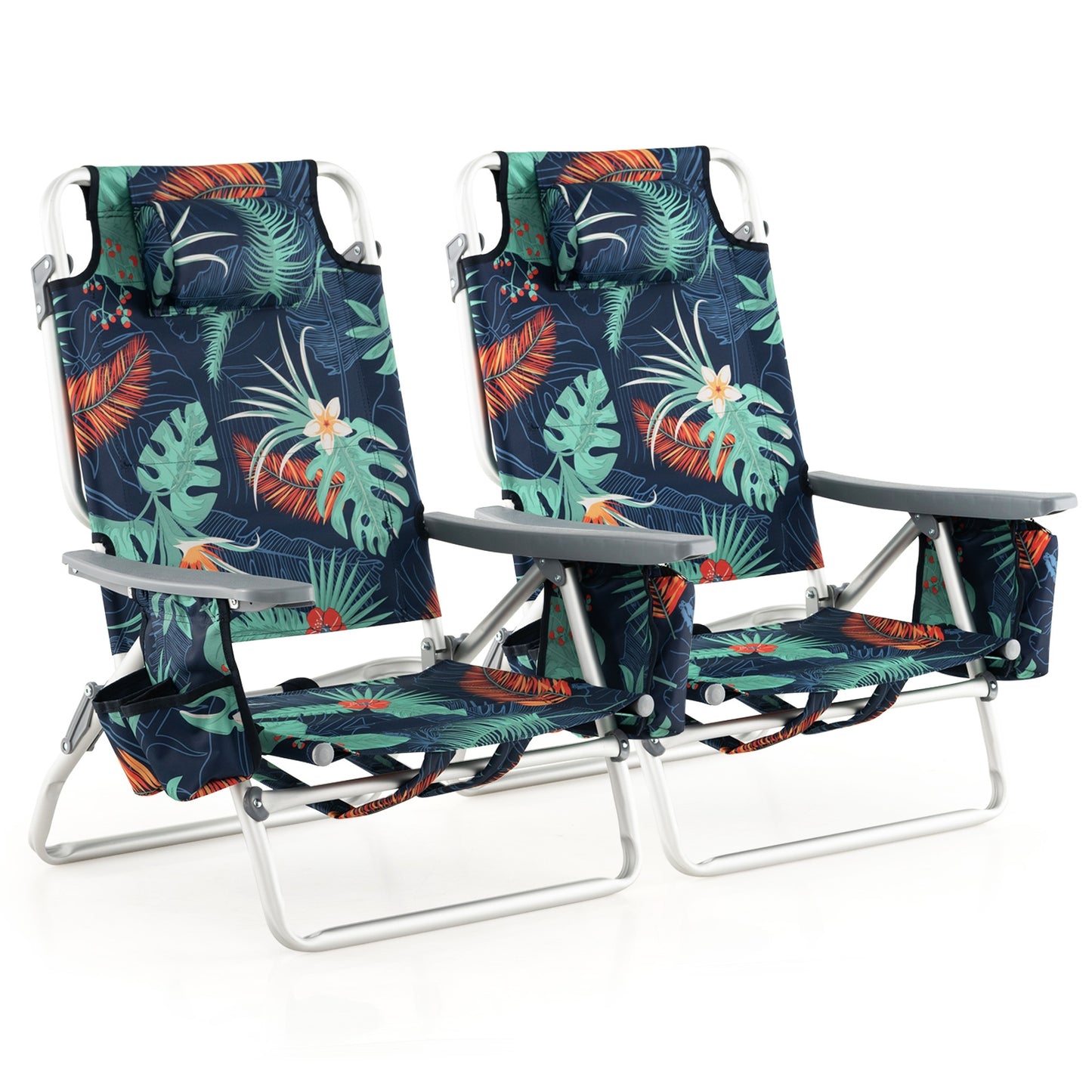 2 Pieces Folding Backpack Beach Chair with Pillow-Multicolor
