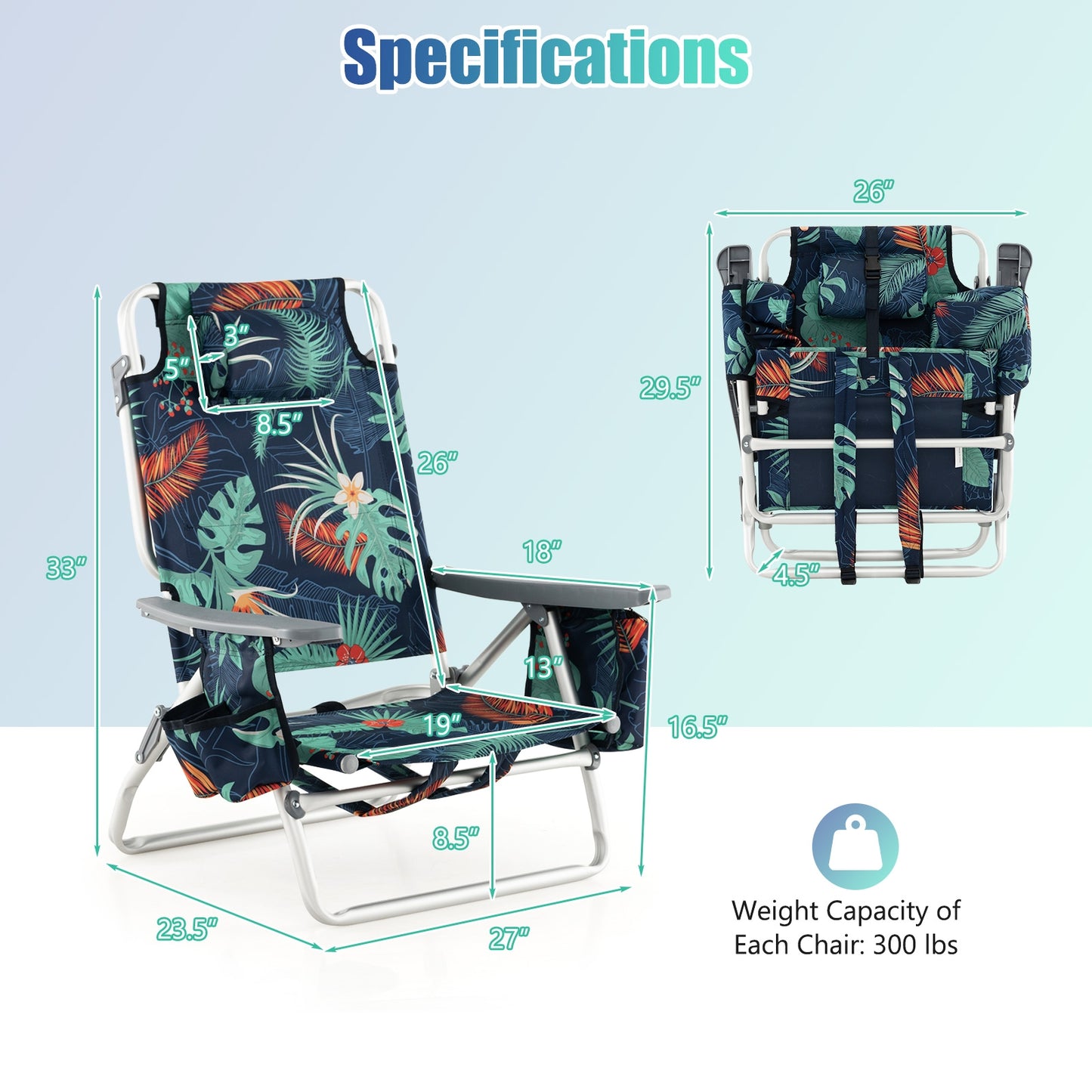 2 Pieces Folding Backpack Beach Chair with Pillow-Multicolor
