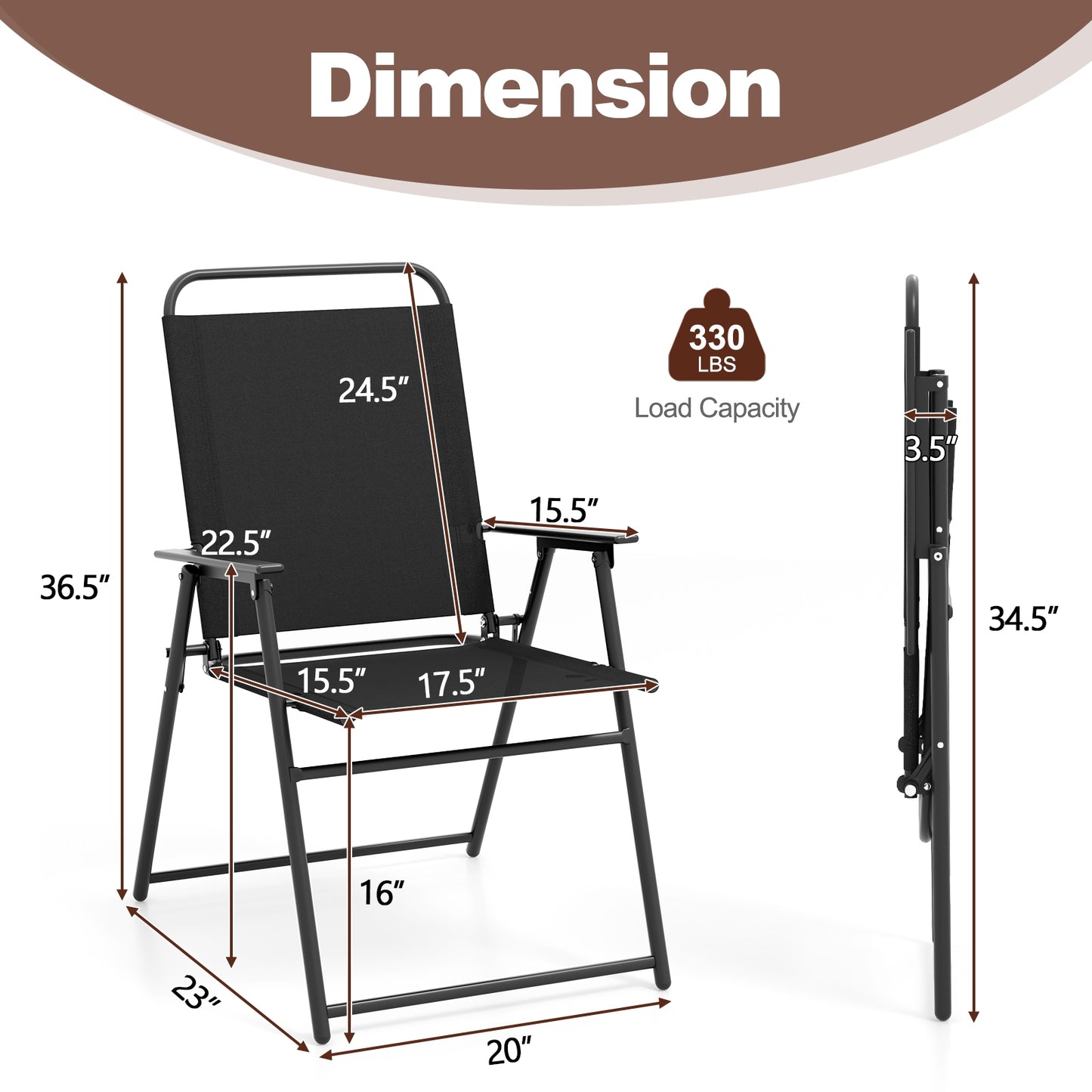 Outdoor Folding Sling Chairs with Armrest and Backrest-Black